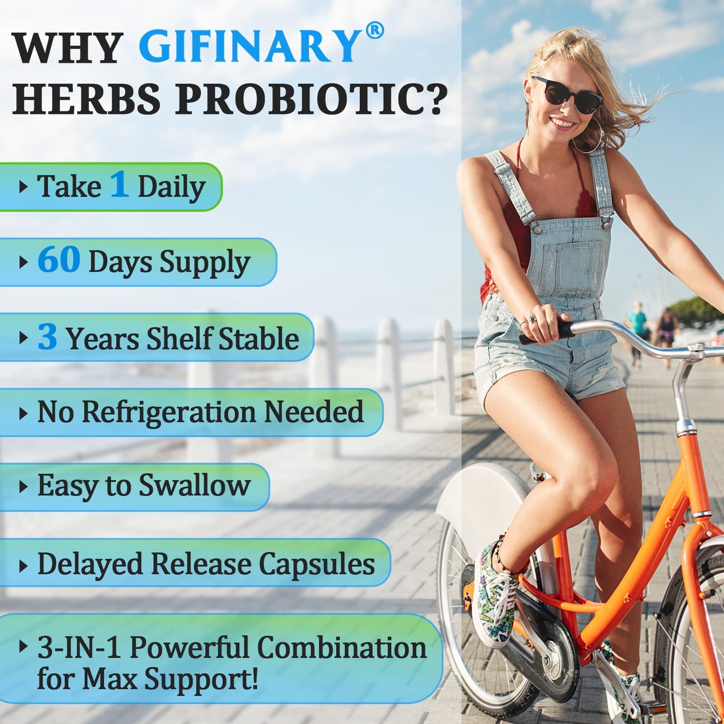 Gifinary Probiotics for Women & Men 300 Billion CFU, 24 Strains + 15 Organic Herbs Prebiotics Capsules, 120 Count
