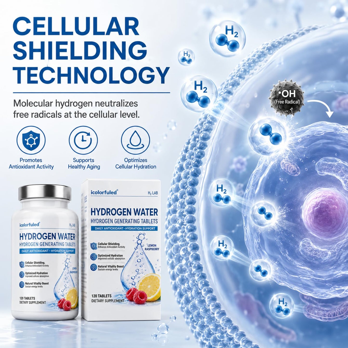 icolorfuled Hydrogen Water Tablets - for Energy & Vitality, Supports Brain & Cognitive Health, 120 Tablets