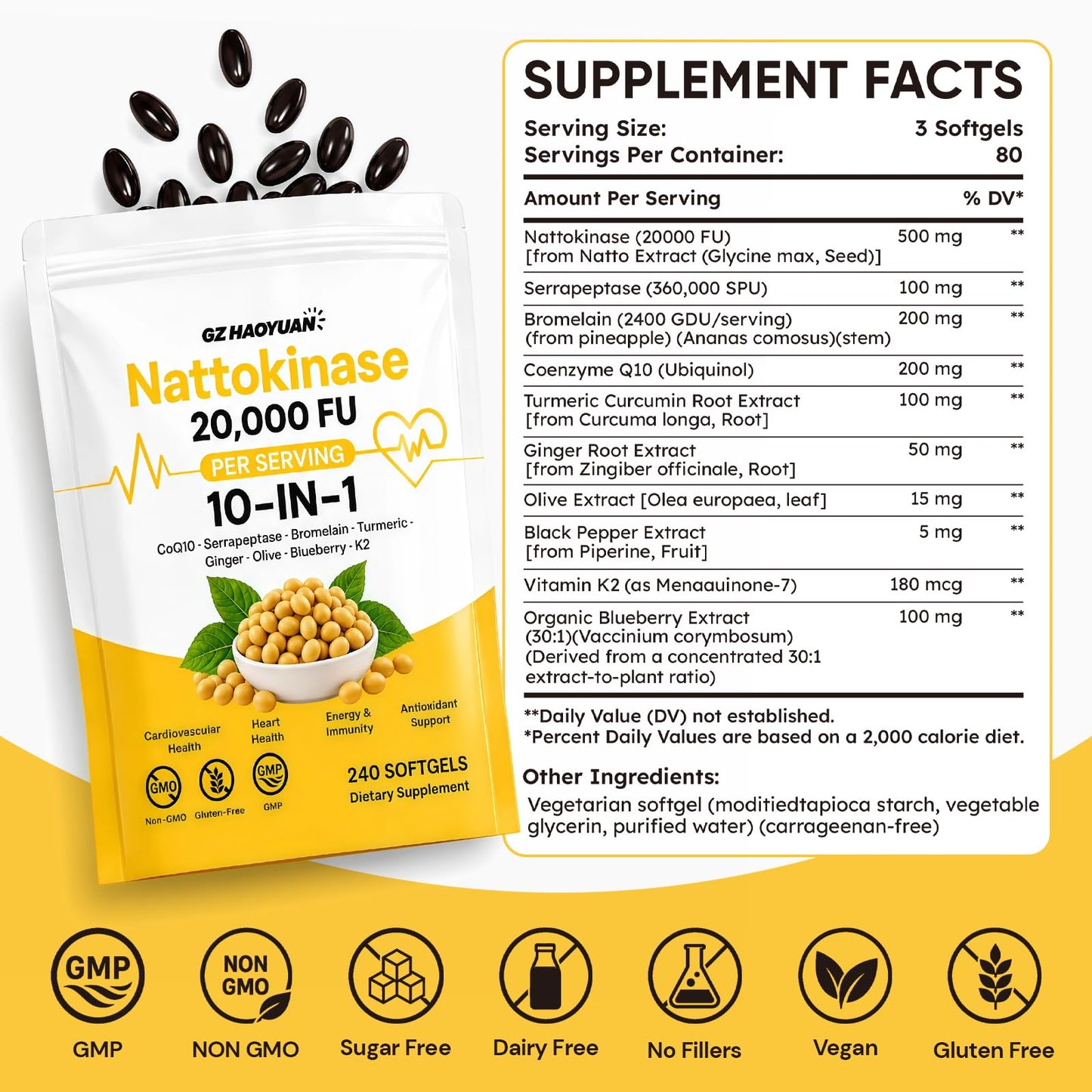 GZ HAOYUAN Nattokinase Supplement 20,000 FU, Triple Enzyme Complex with Serrapeptase & Bromelain, CoQ10, Vitamin K2, Turmeric, Botanical Extracts, Heart & Circulation Support, Healthy Aging, Non-GMO, 240 Softgels