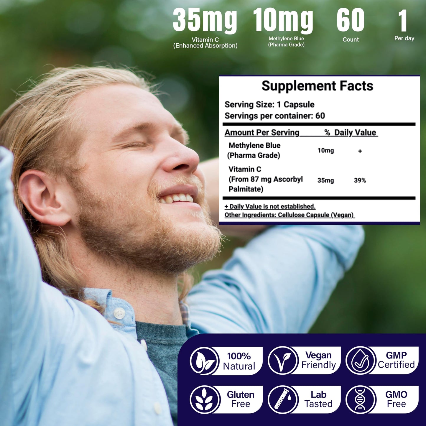 Lucid Blu Methylene Blue Capsules (USP) 10mg with Added Vitamin C, 99.99% Purity, Vegan, Halal, Kosher, 60 Capsules