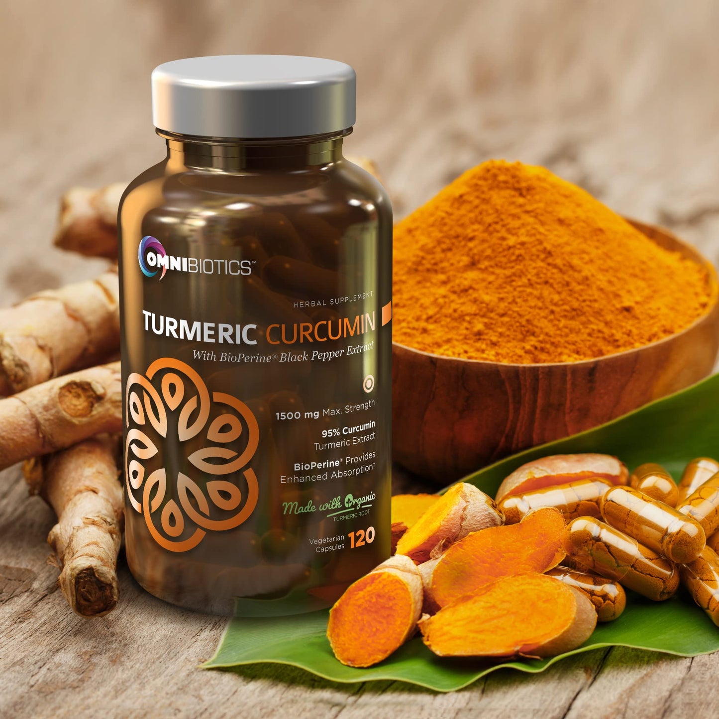OmniBiotics Organic Turmeric Curcumin Supplement with Black Pepper Extract, 1500mg Turmeric with 95% Curcuminoids & BioPerine, High Absorption for Joint Support, 120 Vegan Capsules
