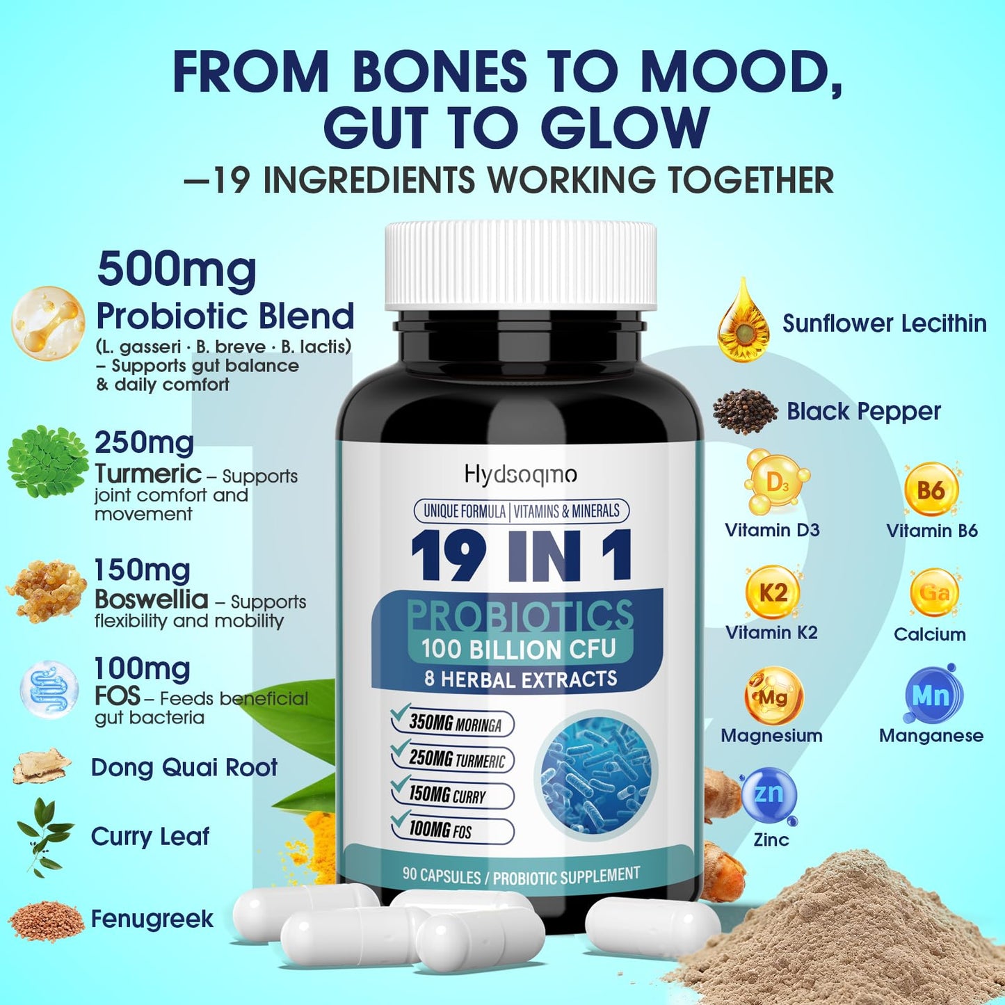 Hydsoqmo Probiotics for Women – Menopause, Digestive & Gut Health Support, 90 Capsules