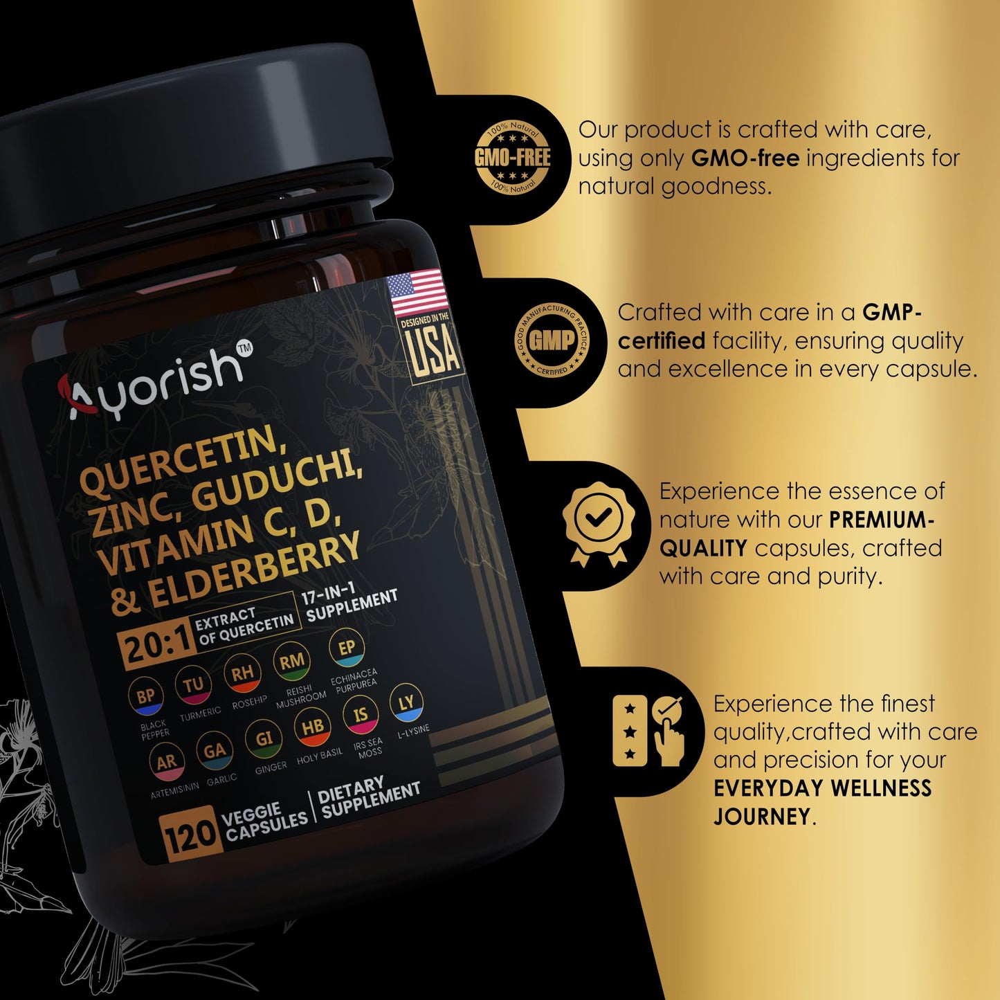 Ayorish Quercetin Zinc Vitamin C Vitamin D Bromelain Elderberry Capsule, 120 Count