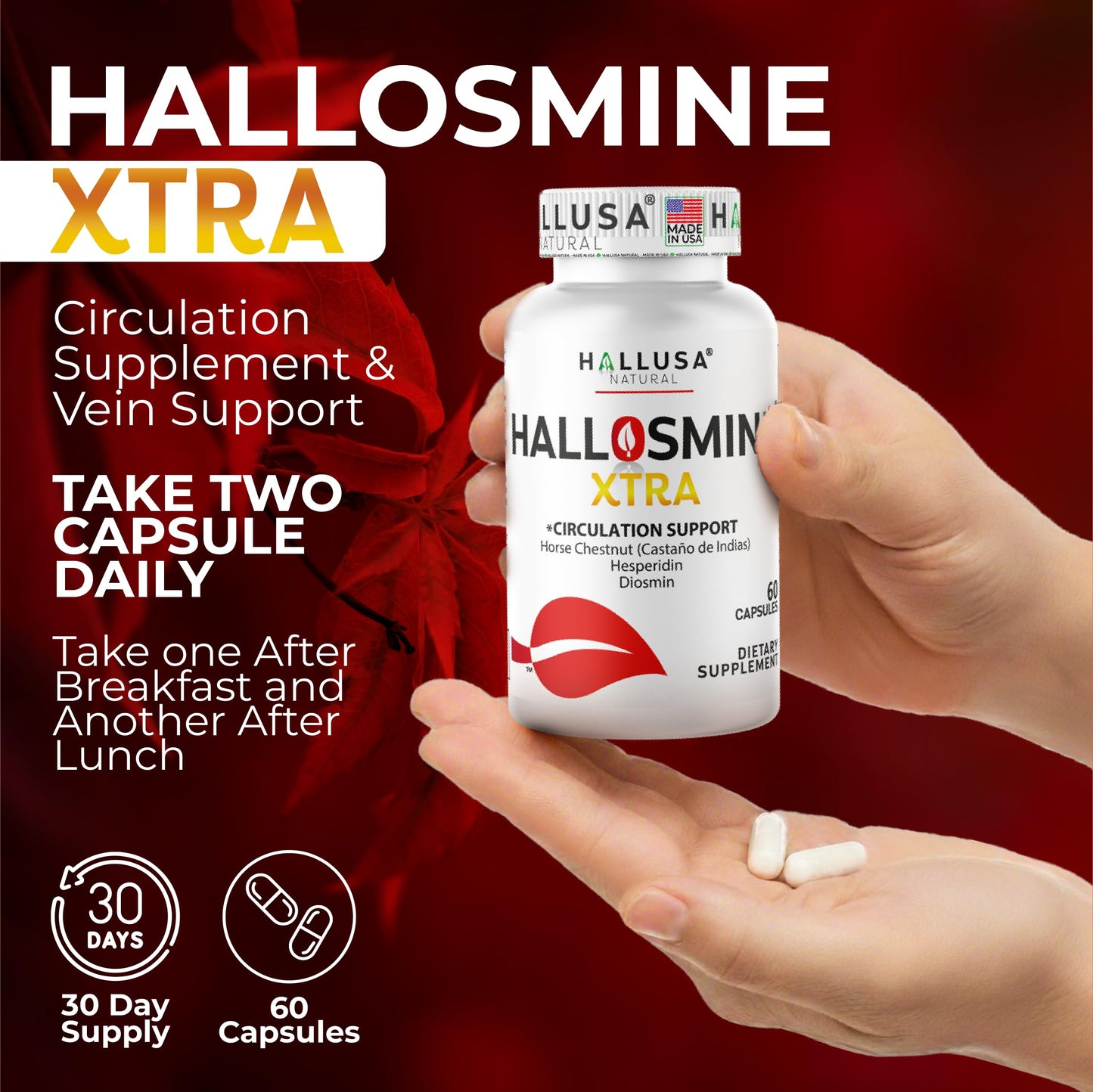Hallusa Natural Hallosmine Xtra 850mg, Diosmin, Hesperidin & Horse Chestnut, Leg Circulation & Vein Support, Varicose Veins, Hemorrhoids, Lymphatic Drainage, 60 Capsules