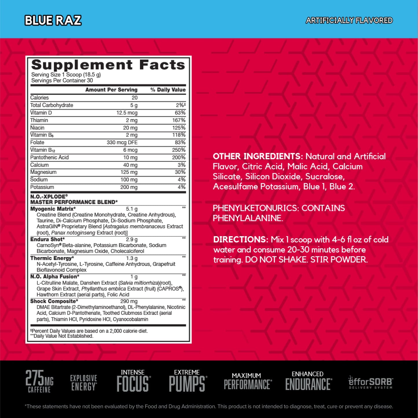BSN N.O.-XPLODE Pre Workout Powder with Creatine, Blue Raz, 30 Servings