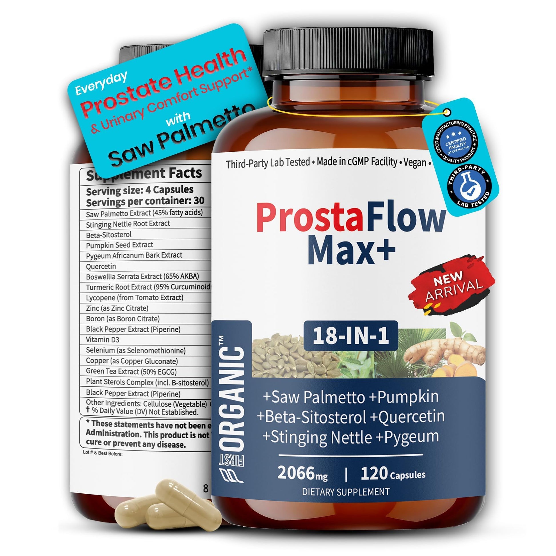 FIRSTORGANIC Men's Prostate Health & Urinary Comfort Support with Saw Palmetto, Stinging Nettle & Beta-Sitosterol, 120 Capsules