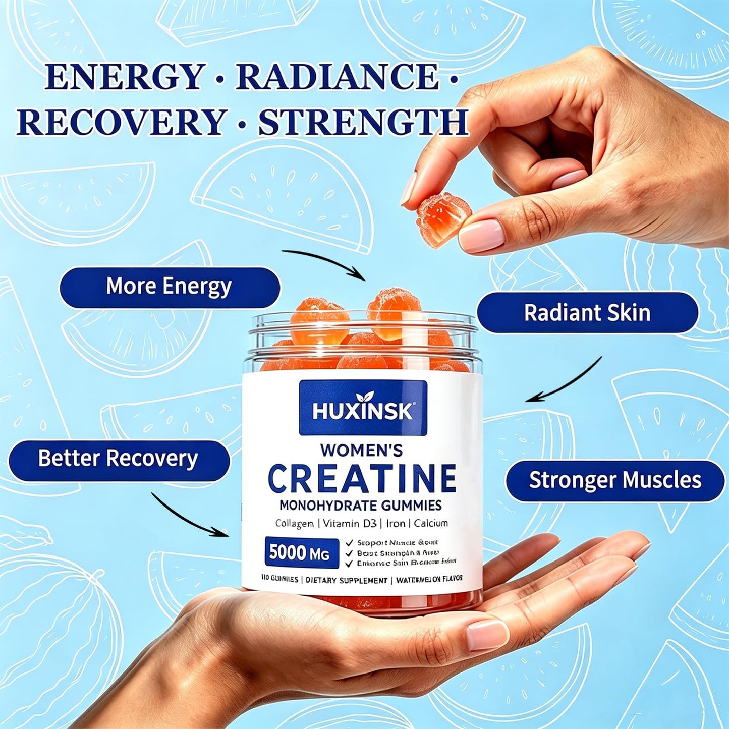 HUXINSK Creatine for Women, Creatine Monohydrate Gummies with Collagen, Calcium, Vitamin D3 for Booty, Energy & Strength, Watermelon Flavor, 100 Gummies