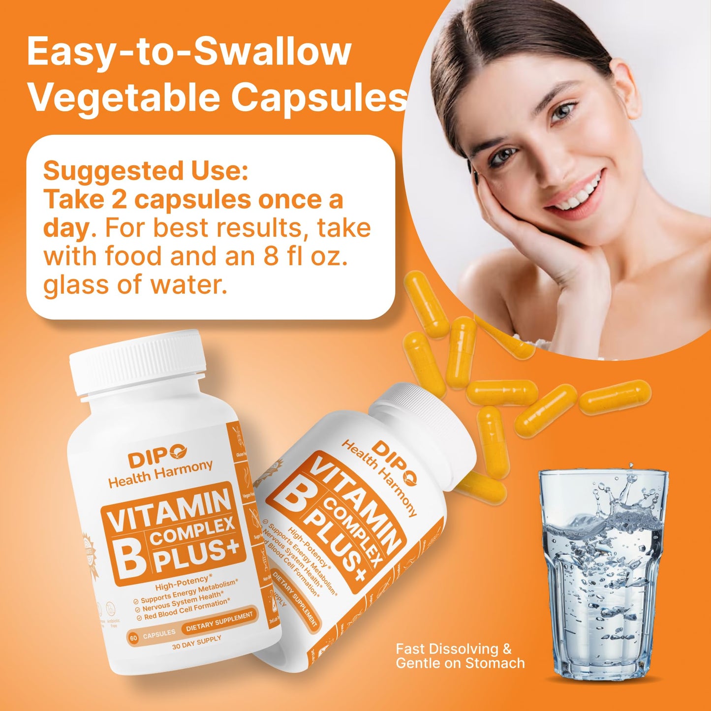 DIPO HEALTH HARMONY B-12 Complex Plus 2000mcg - Essential B Vitamins, Inositol & Choline - Hair Skin and Nails Vitamin - Supports Energy Metabolism & Brain Function - Vegan, 60 Capsules