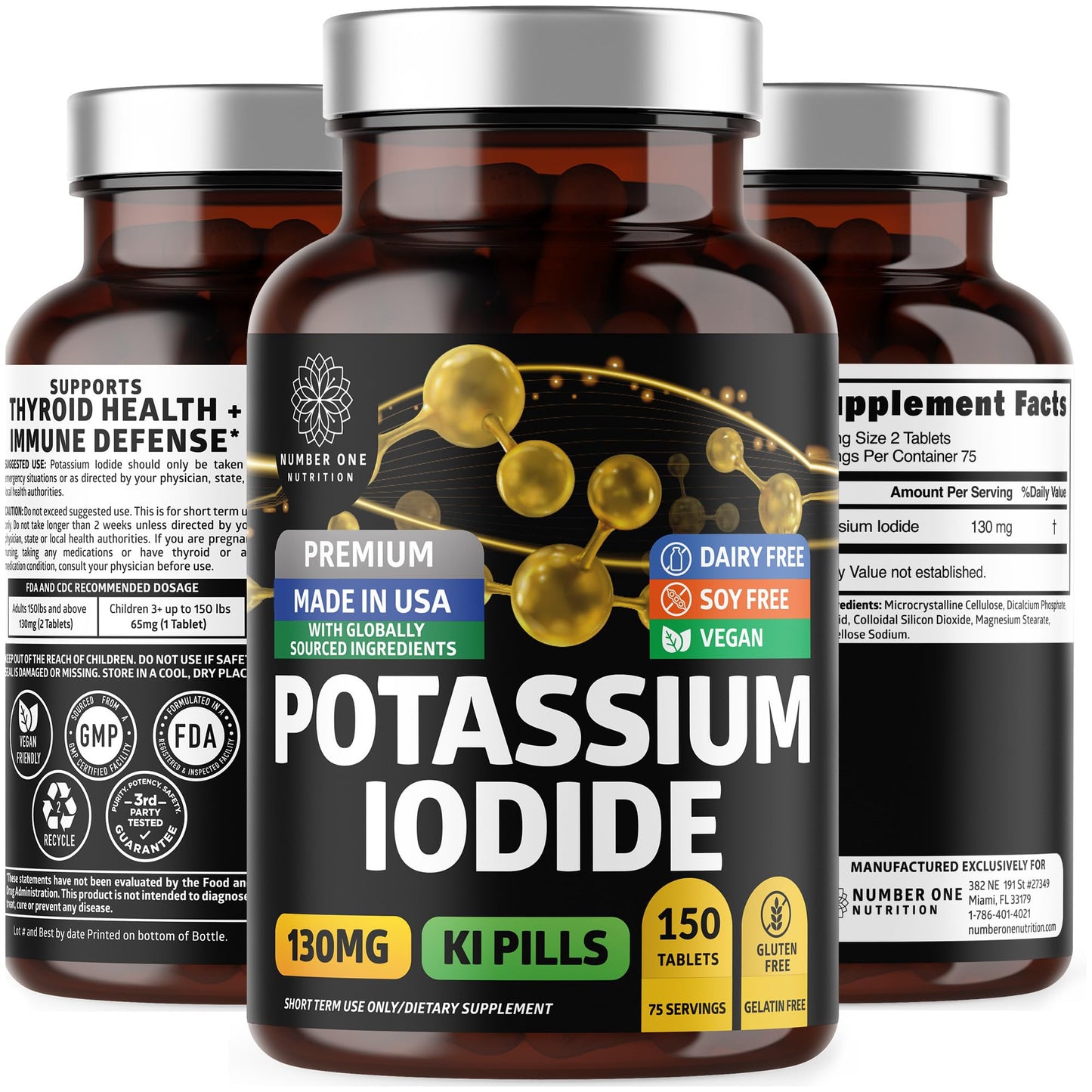 Number One Nutrition Potassium Iodide Supplement 130mg Iodine Thyroid Support Non-GMO 150 Tablets