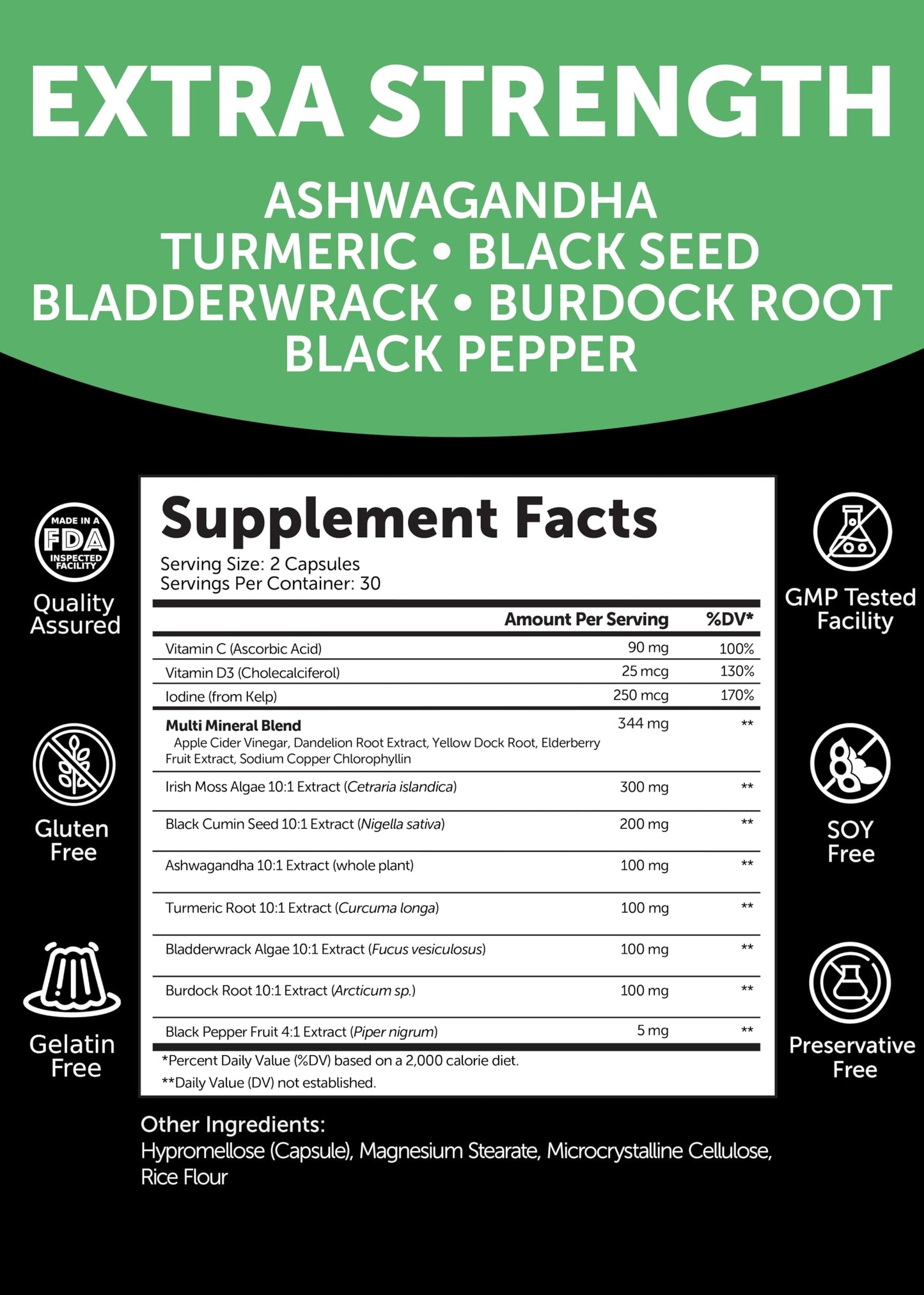 Lunakai Irish Sea Moss Capsules with Black Seed Oil, Ashwagandha, Burdock Root & Bladderwrack, 60 Capsules