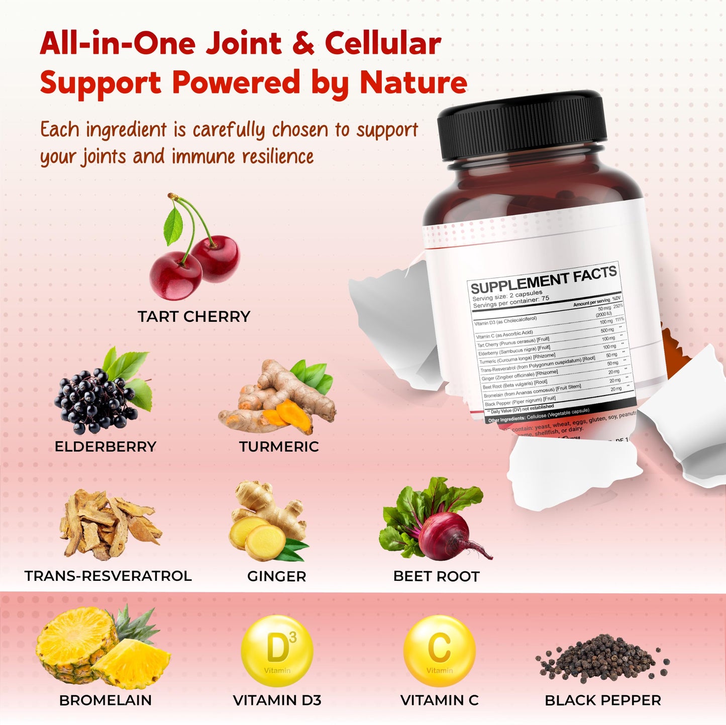 PEAKPURY Tart Cherry Elderberry Turmeric Resveratrol Capsule, 150 Count