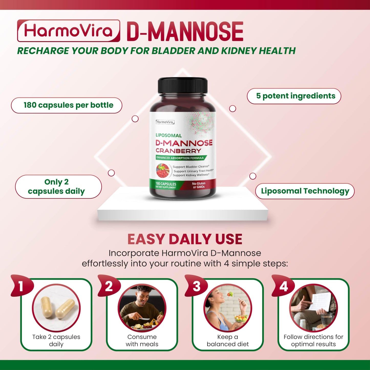 HarmoVira Liposomal D-Mannose Cranberry Supplement Capsules, 180