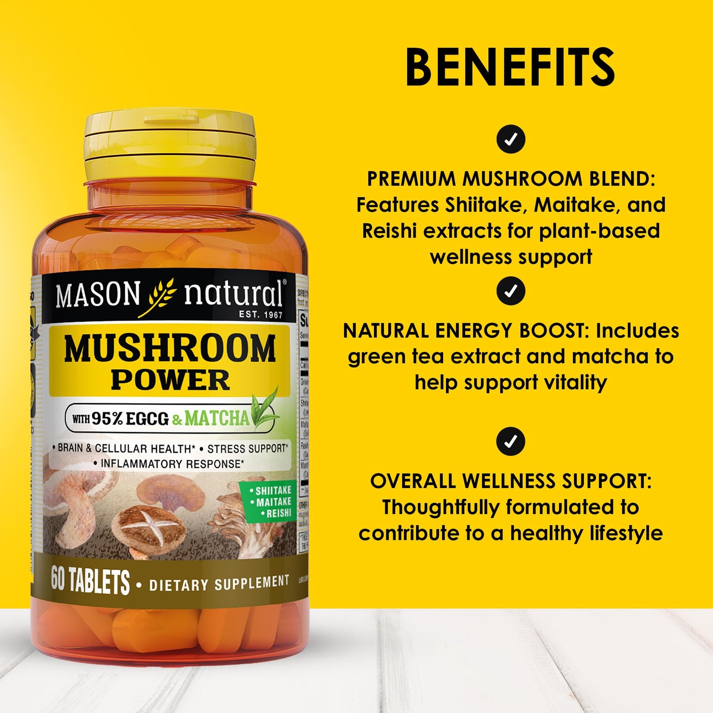 Mason Natural Mushroom Power with 95% EGCG and Matcha, Plant-Based Formula with Shiitake, Maitake, Reishi, 60 Tablets