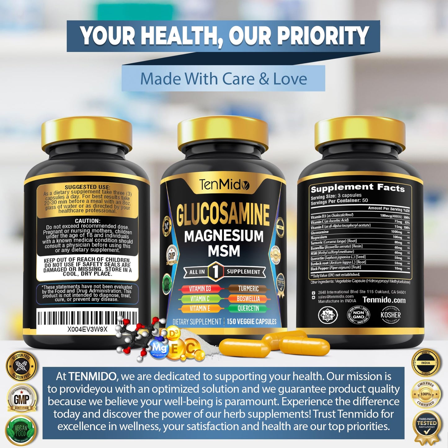 Tenmido Glucosamine MSM Supplement Capsule, 150 Capsules
