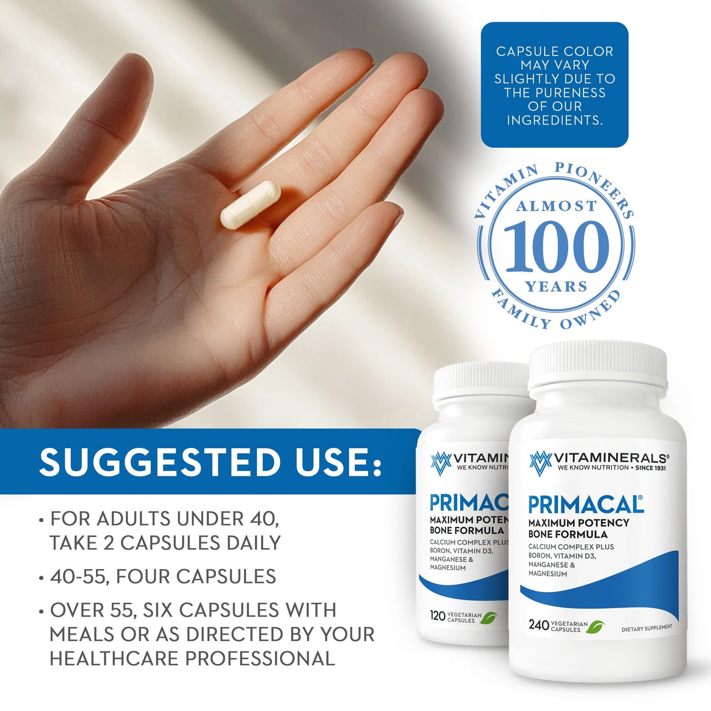 Vitaminerals 95 Primacal® Bone Support Maximum Potency Calcium, Magnesium for Bone Loss Capsules 120