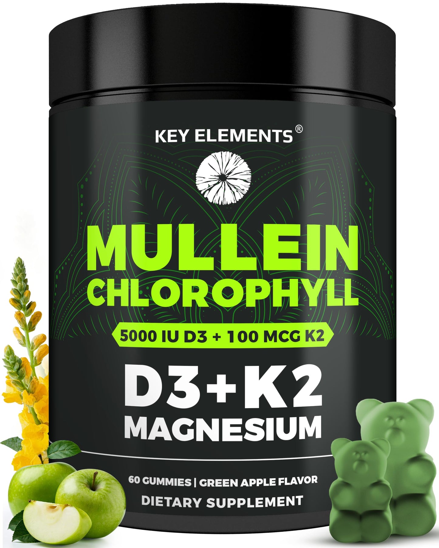 KEY ELEMENTS Mullein Gummies with Chlorophyll, Vitamin D3 5000 IU & Vitamin K2 100 MCG Gummy 60 Count