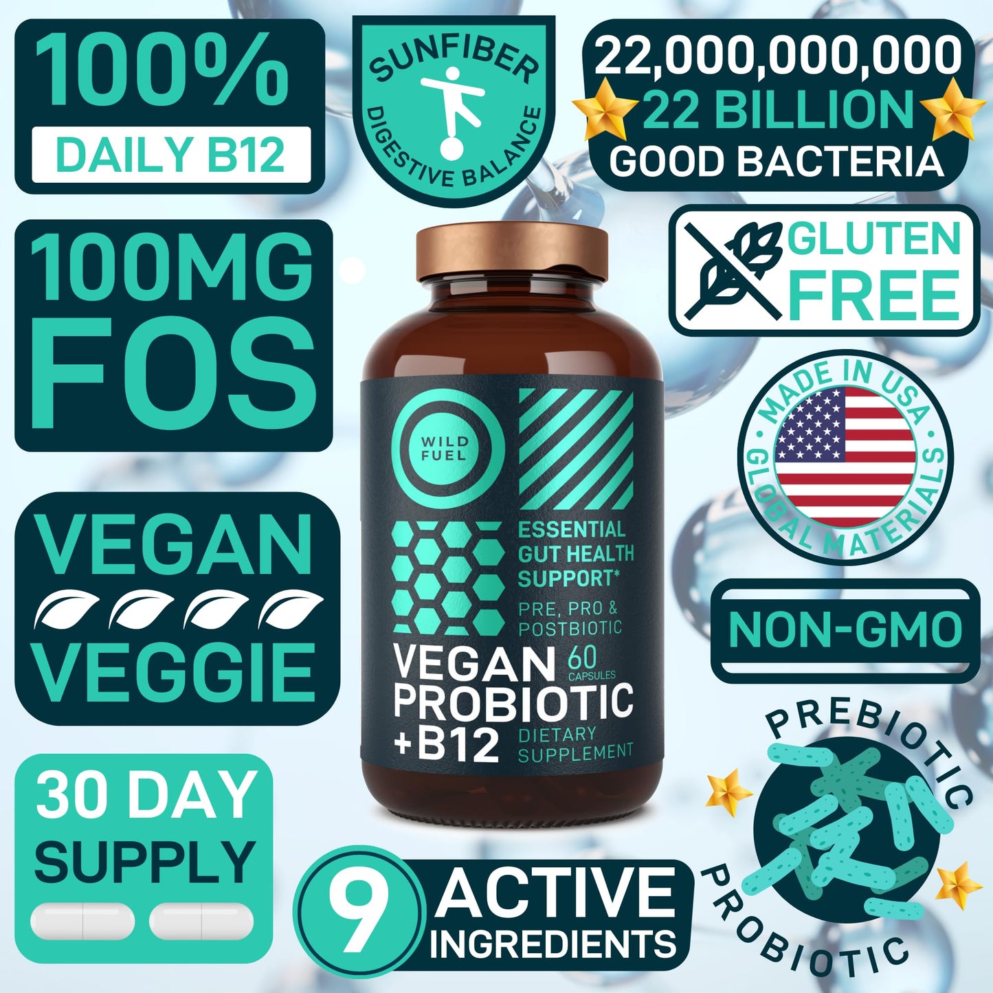 Wild Fuel Vegan Probiotic Plus B12 & FOS 22 Billion CFU Synbiotics Prebiotics and Probiotics for Digestive Health, IBS, Mood Support - B12 Pre Pro Post Biotics for Women & Men - 60 Capsules