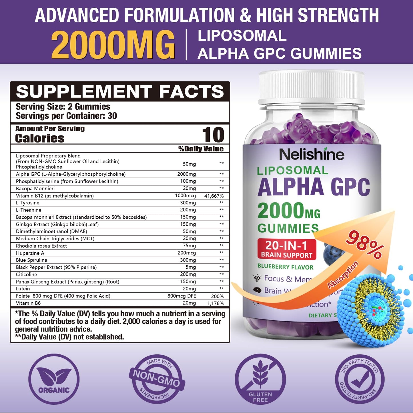 Nelishine Liposomal Alpha GPC 2000mg & Citicoline Gummies Complex, 20-in-1 Blend for Focus, Memory & Cognitive Support, 60 Gummies