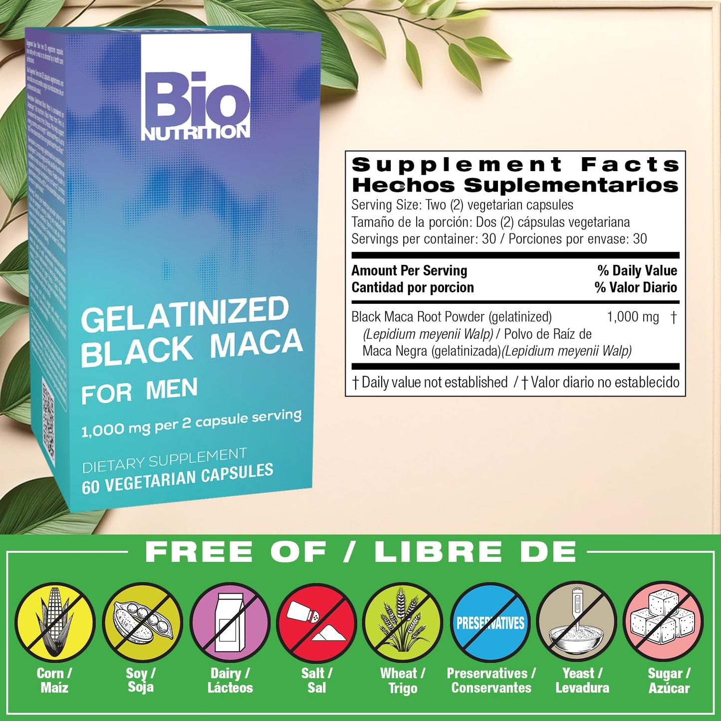Bio Nutrition Gelatinized Black Maca 60 Vegetarian Capsules