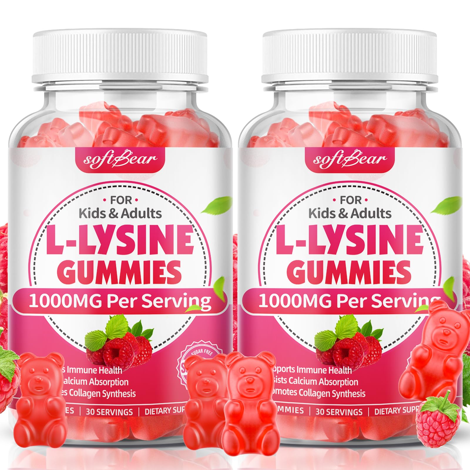 softbear L-Lysine Gummies 1000mg Chewable Lysine Supplement for Lips & Oral Health, Immune & Collagen Support, Vegan, Non-GMO, Gluten-Free, Raspberry Flavor, 120 Count