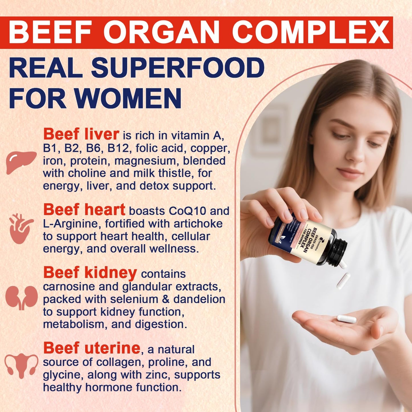Femmetra Beef Organ Complex Superfood Supplement Capsules 120 Count