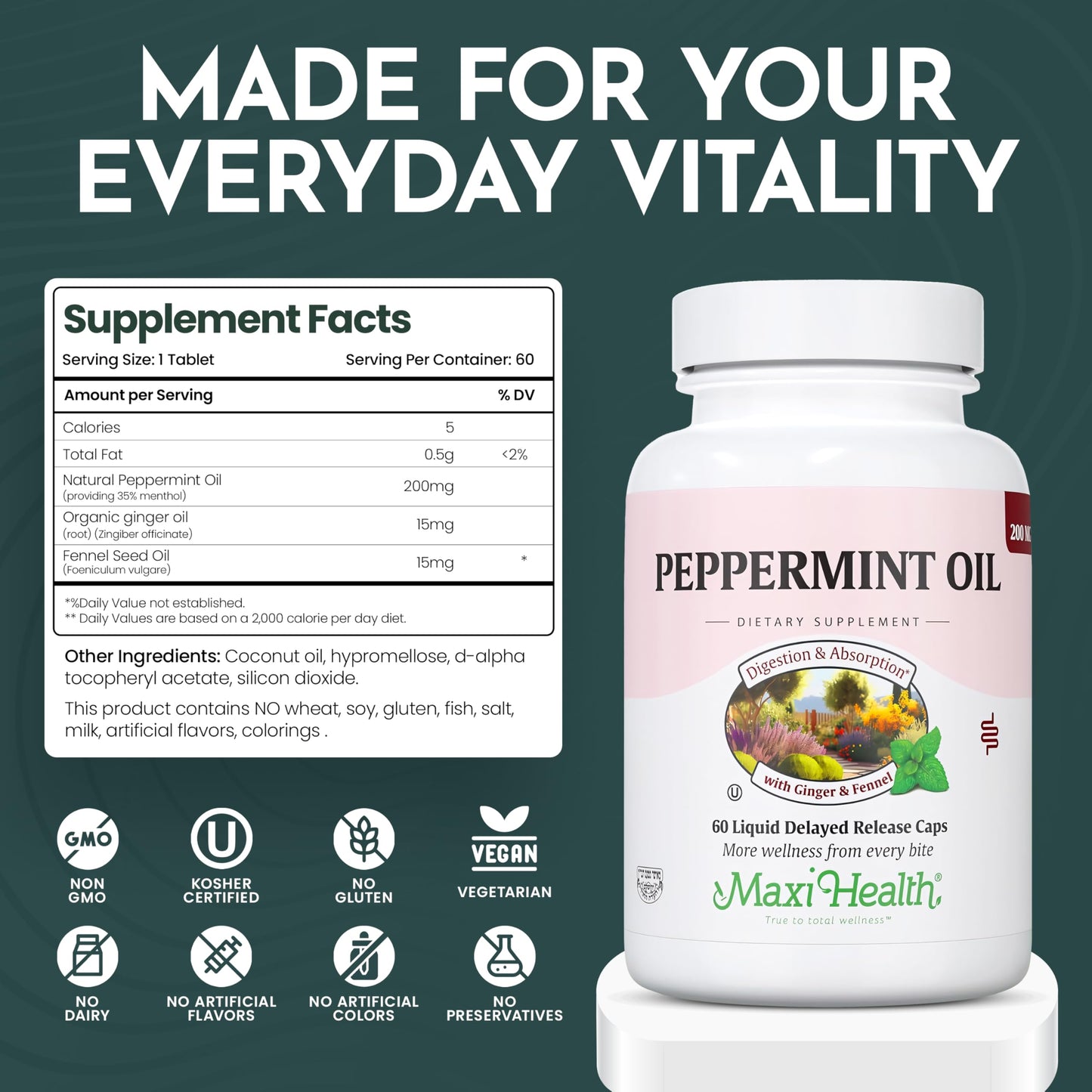 Maxi Health Peppermint Oil Capsules, 60 Count