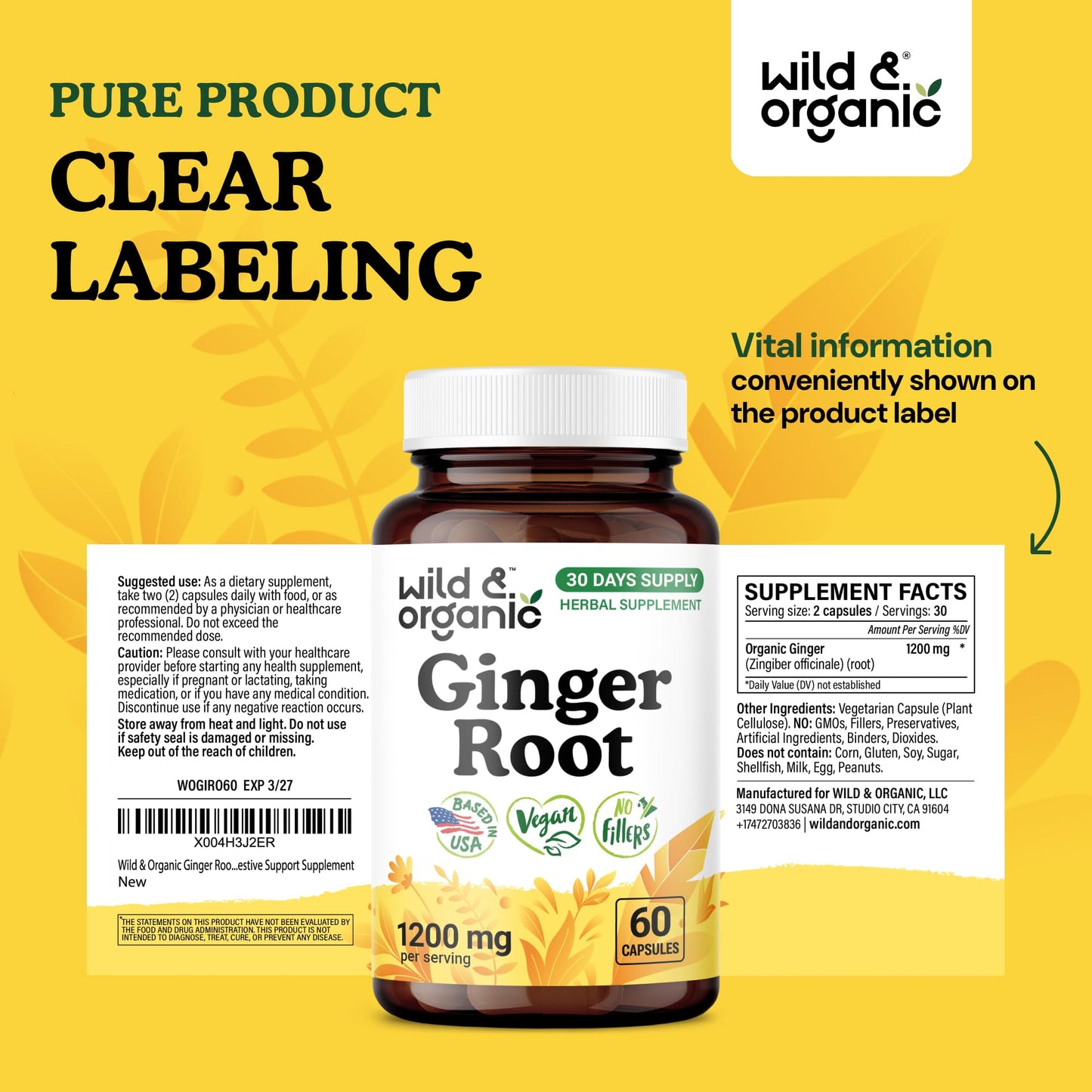 Wild & Organic Ginger Root Capsules 1200 mg, 60 Count