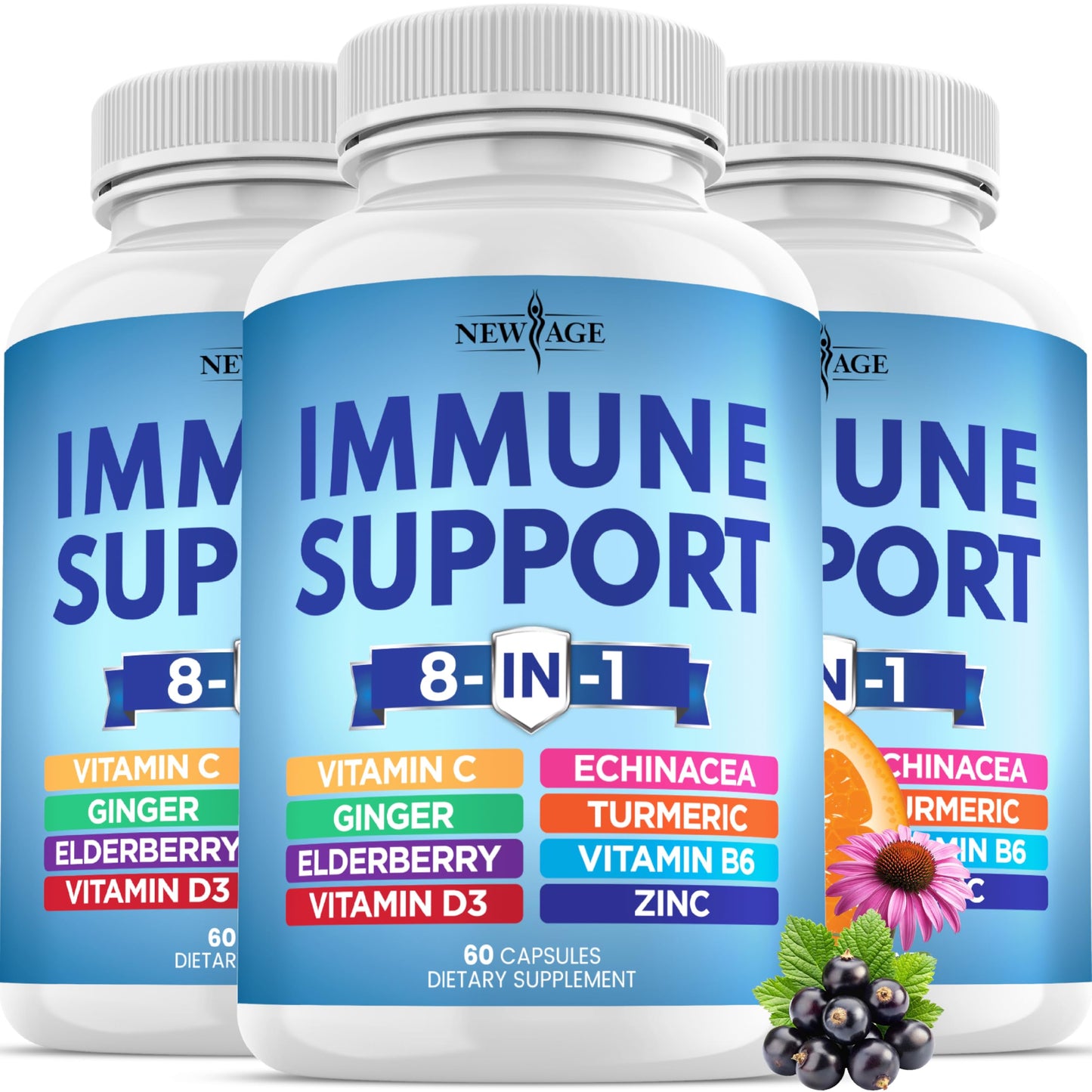 NEW AGE Immune Support Booster with Echinacea, Vitamin C & Zinc, Vitamin D 5000 IU, Turmeric Curcumin & Ginger, B6, Elderberry Capsules, 180 Capsules