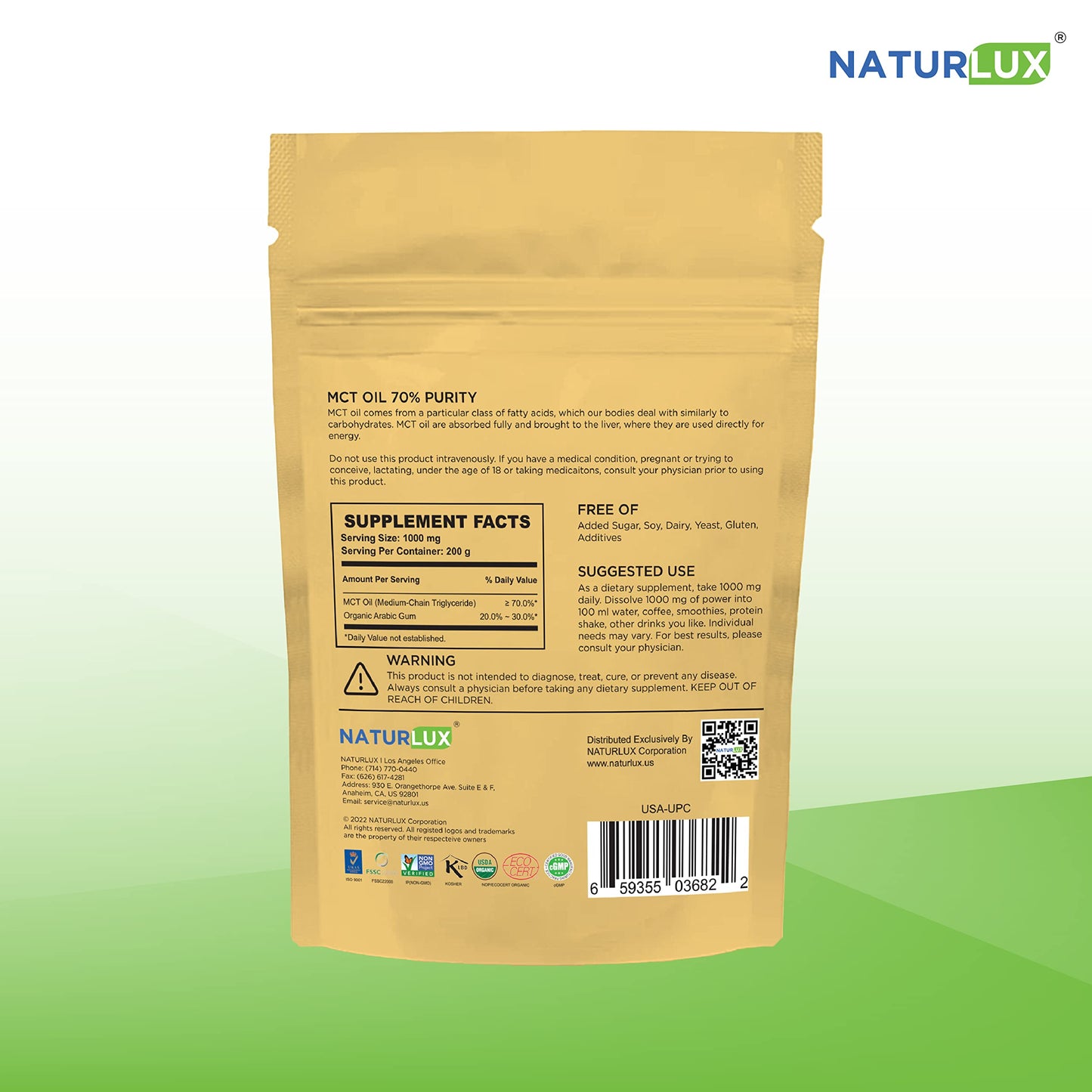 Naturlux MCT Oil Powder from Organic Coconuts, 7.05 oz
