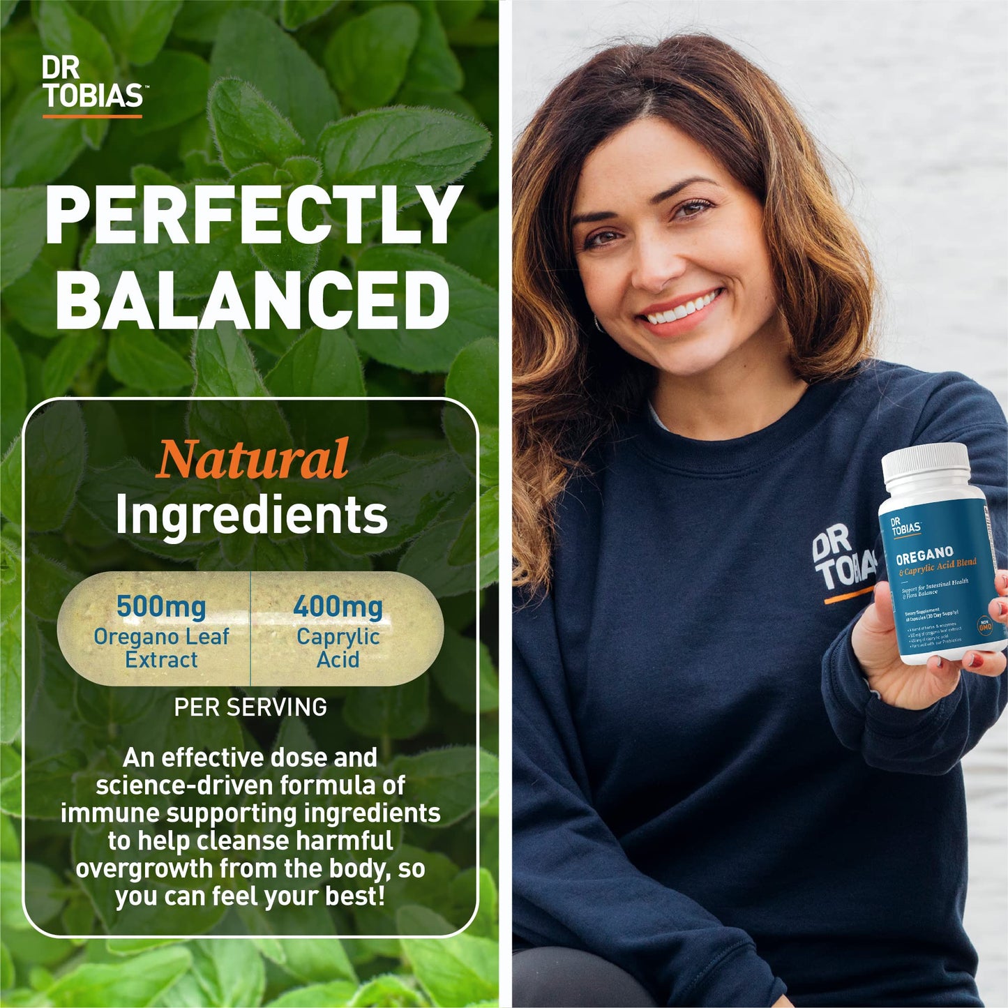 Dr. Tobias Oregano and Caprylic Acid Blend, Gut Flora Balance Complex with Probiotics & Enzymes for Intestinal and Immune Support, Gut Health Supplements for Women & Men, 60 Capsules