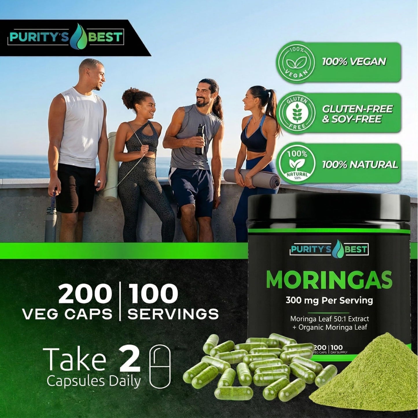 Purity's Best Moringas 50:1 Extract, Concentrated 300 mg Formula with Organic Moringa Leaf, Supports Healthy Energy and Immune Function, 200 Veggie Capsules