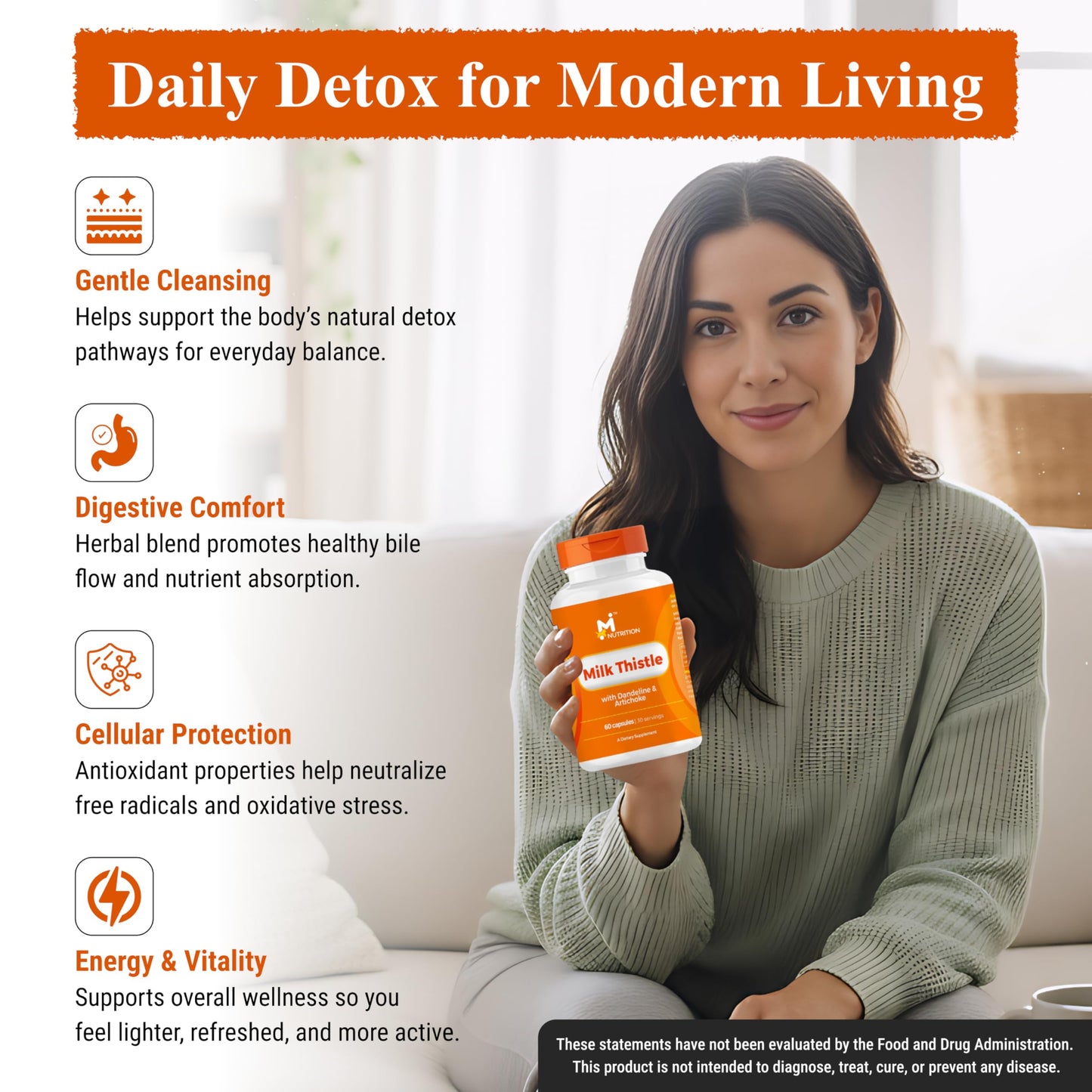 M NUTRITION Milk Thistle Liver Support Supplement 20:1 Extract with Dandelion Root & Artichoke Leaf Capsules, 60 Capsules