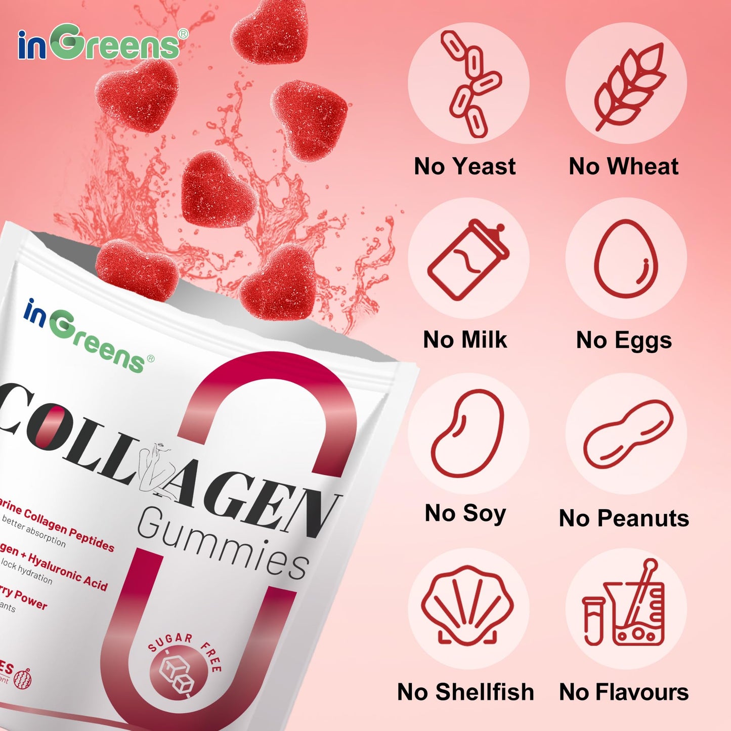 inGreens Collagen Peptides Gummies for Women, 5000mg Hydrolyzed Marine Collagen, Sugar Free with Type I, II, III & Biotin, 90 Count