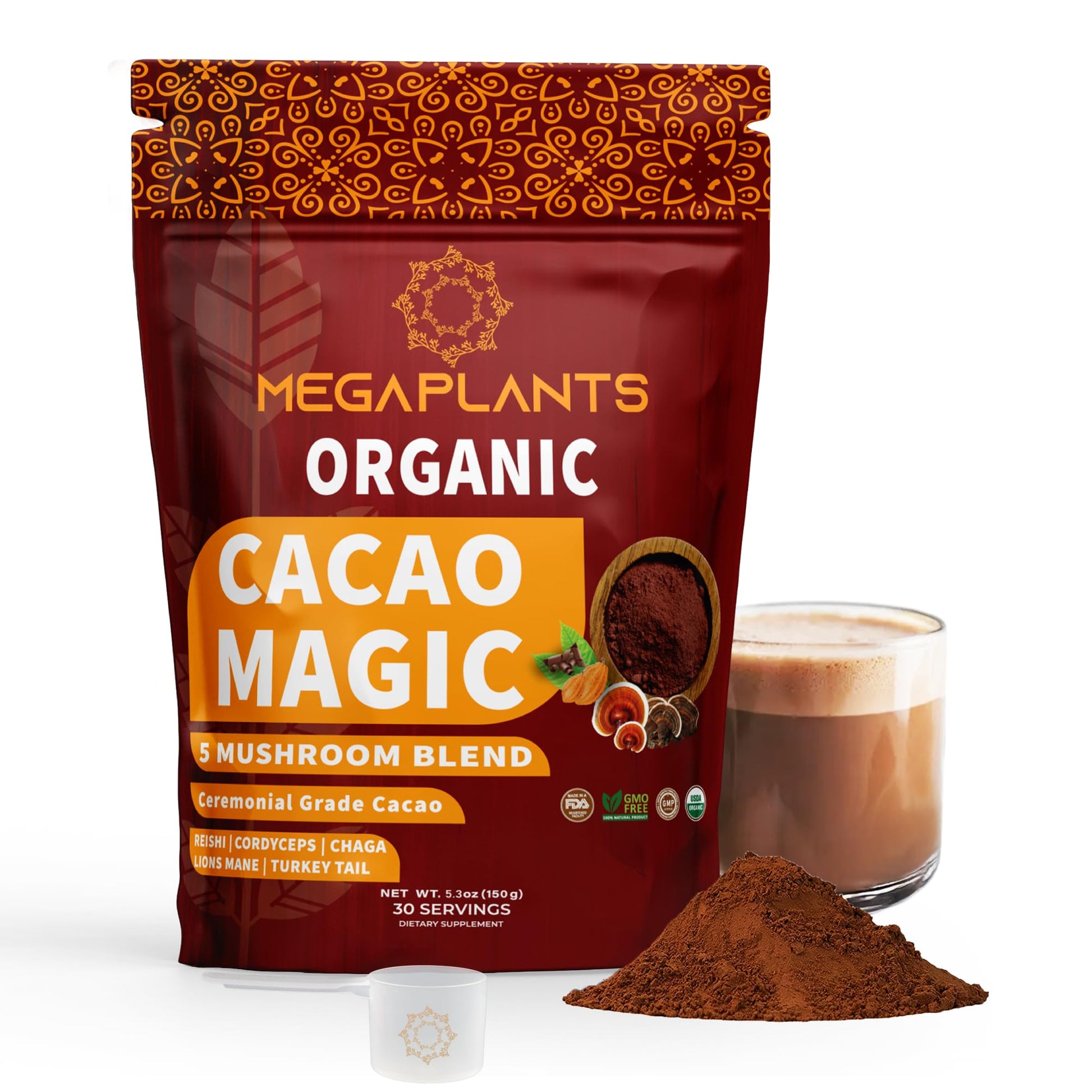 MEGAPLANTS Cacao Magic Mushroom Hot Chocolate & Coffee Alternative Powder 5.3 Ounce