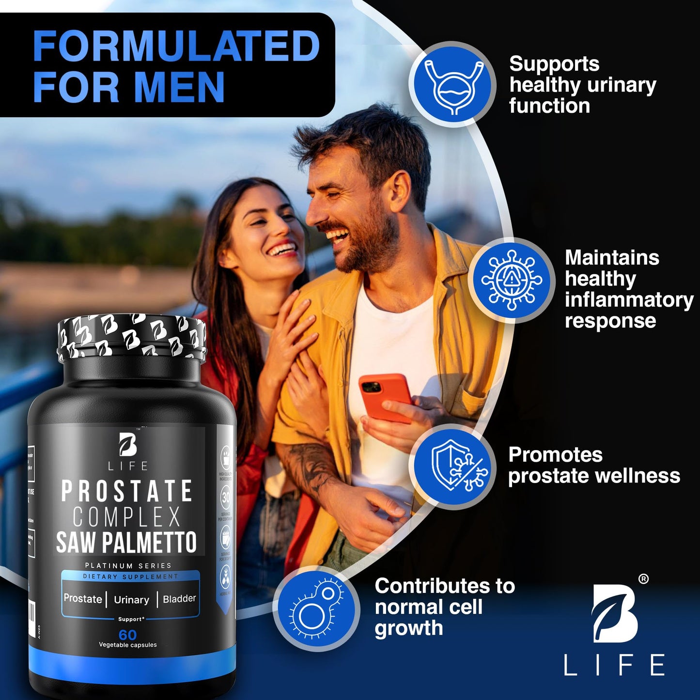 B Life Company Prostate Health Supplements for Men with Saw Palmetto, Pumpkin Seed Oil & Stinging Nettle Root Capsules, 60 Count