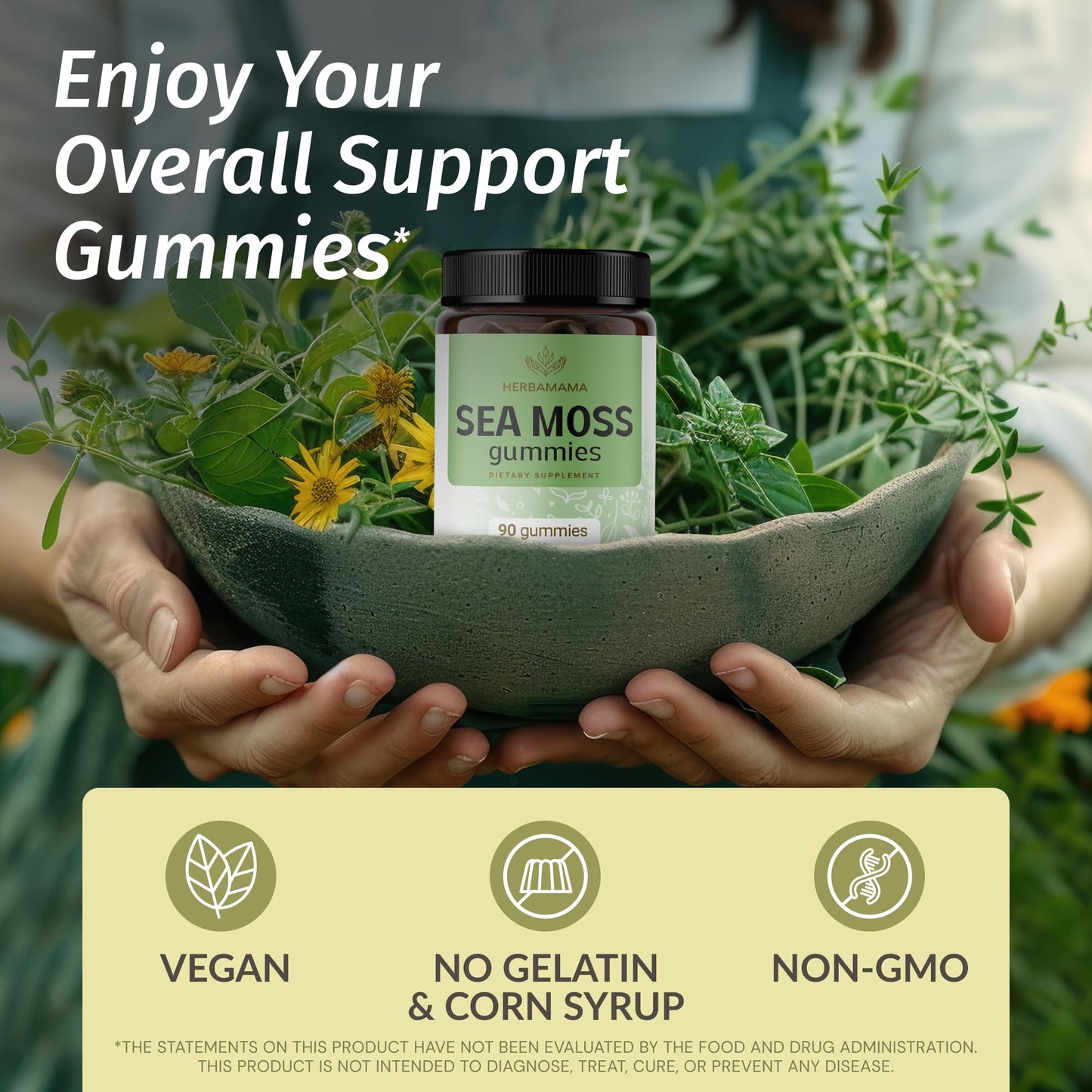 HERBAMAMA Sea Moss Gummies 1600 mg for Thyroid Support – Immune Support with Bladderwrack and Burdock Root, Vegan, Non-GMO, 90 Gummies