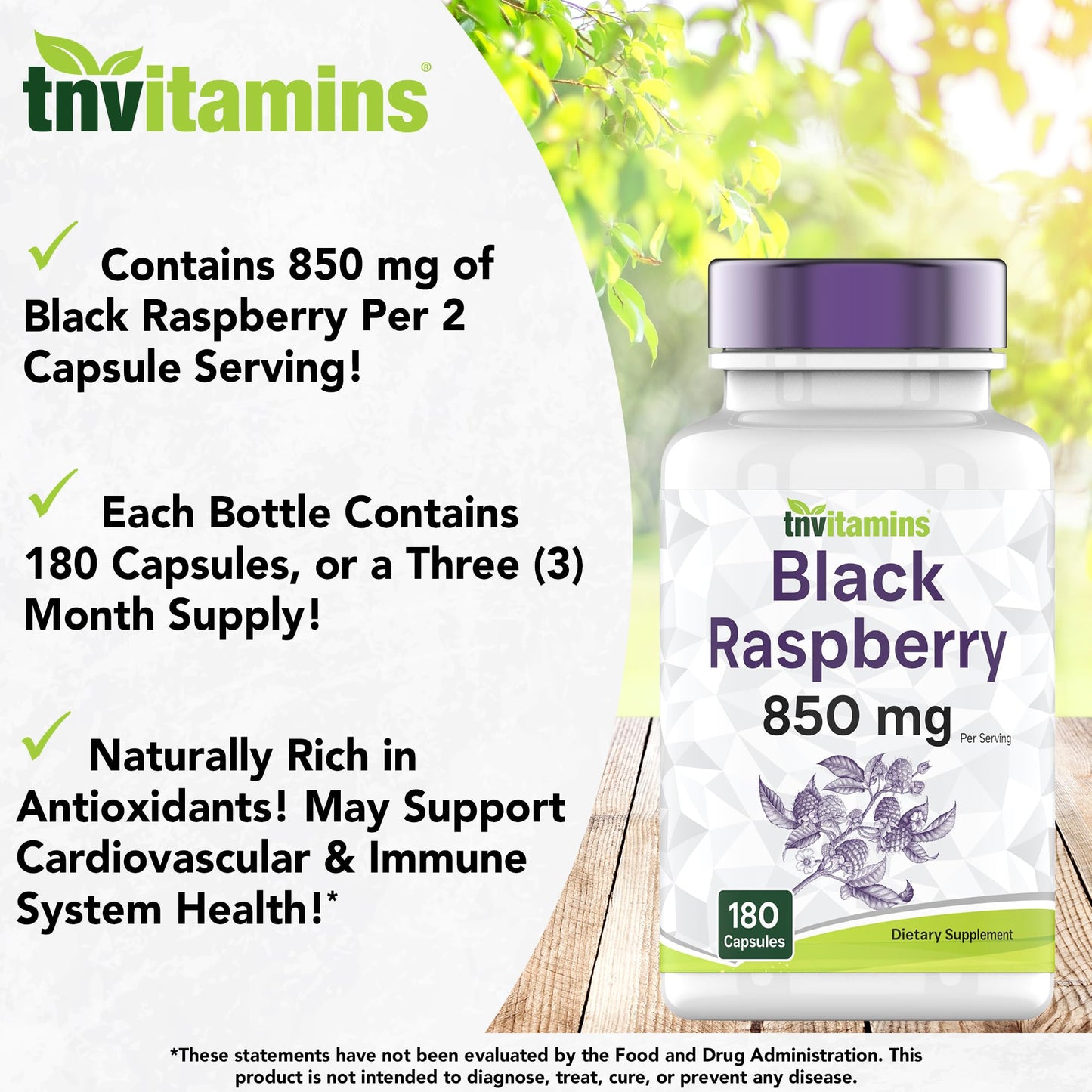 tnvitamins Black Raspberry Capsules 850mg Per Serving, 180 Capsules
