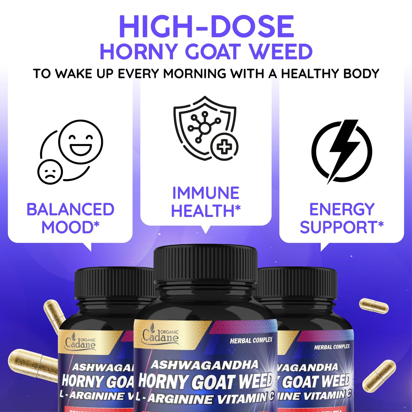 Organic Cadane Horny Goat Weed Supplement - 7in1 Blended with VIT C, Ashwagandha Root, L-Arginine & More, 90 Capsules