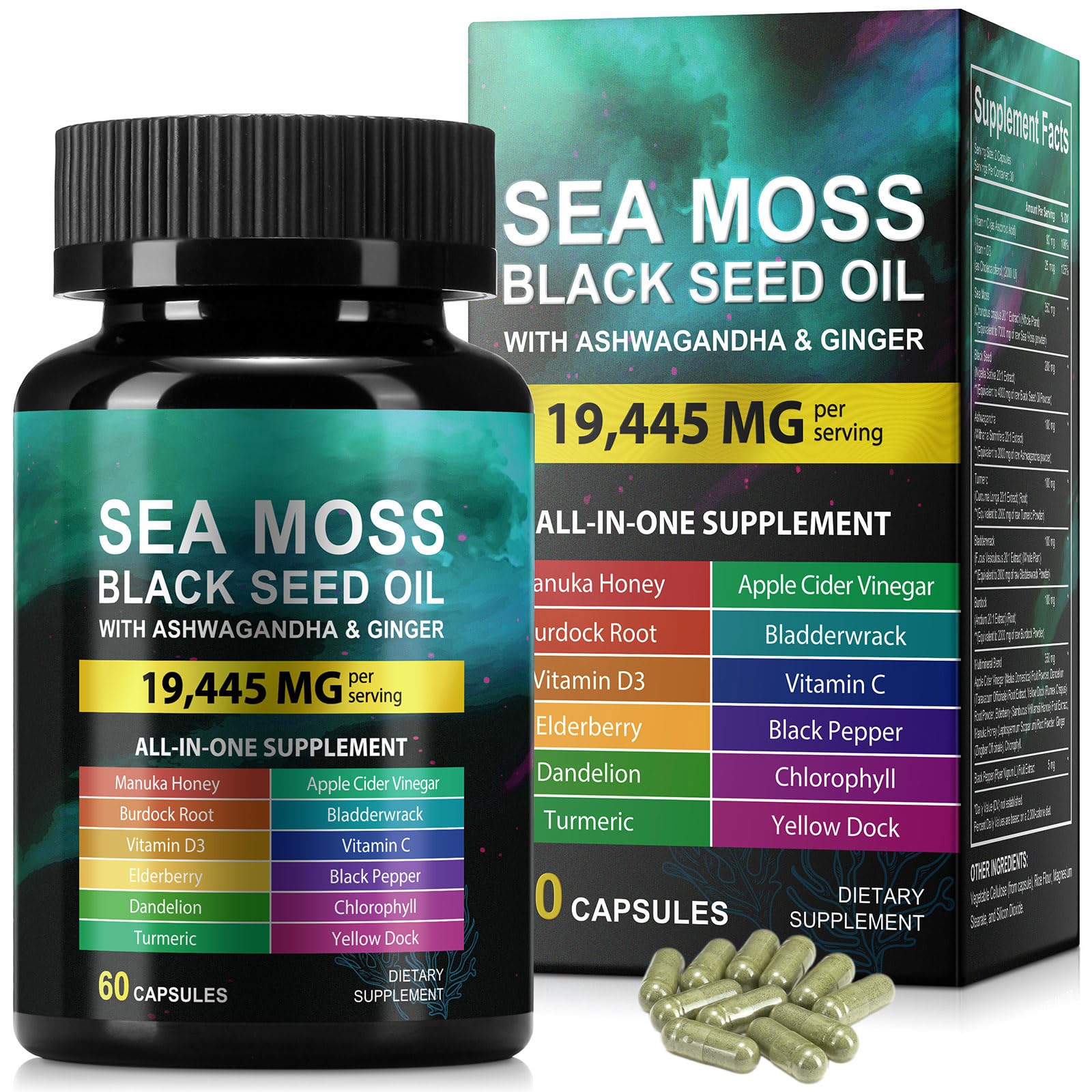 MXCZBSM Sea Moss Black Seed Oil Ashwagandha Ginger Capsule Supplement 60 Count