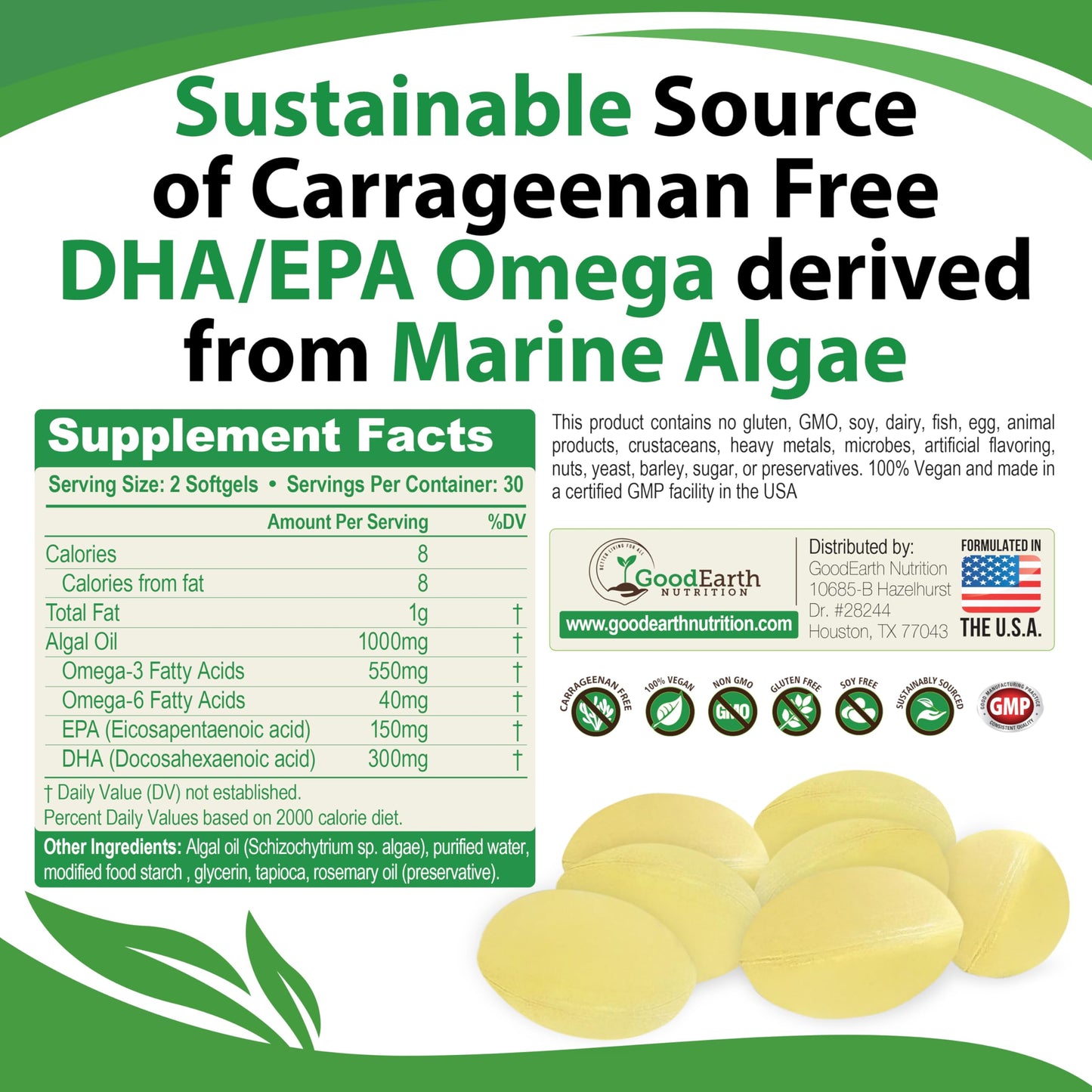 GoodEarth Nutrition Vegan Omega 3 - Carrageenan Free Plant Based Algal DHA/EPA Softgels, 60 Count