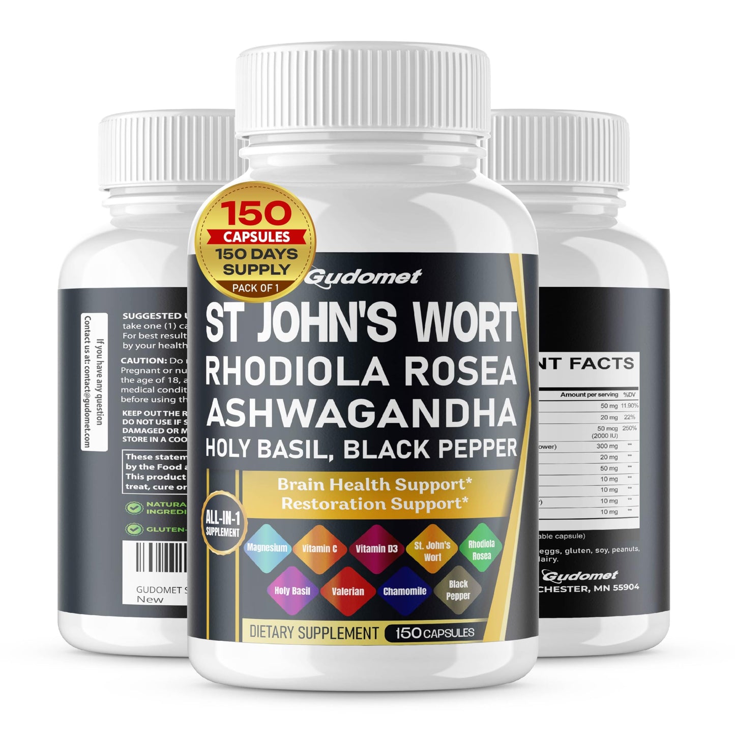 GUDOMET St. John's Wort Rhodiola Rosea Ashwagandha Holy Basil Valerian Chamomile Black Pepper 150 Capsules