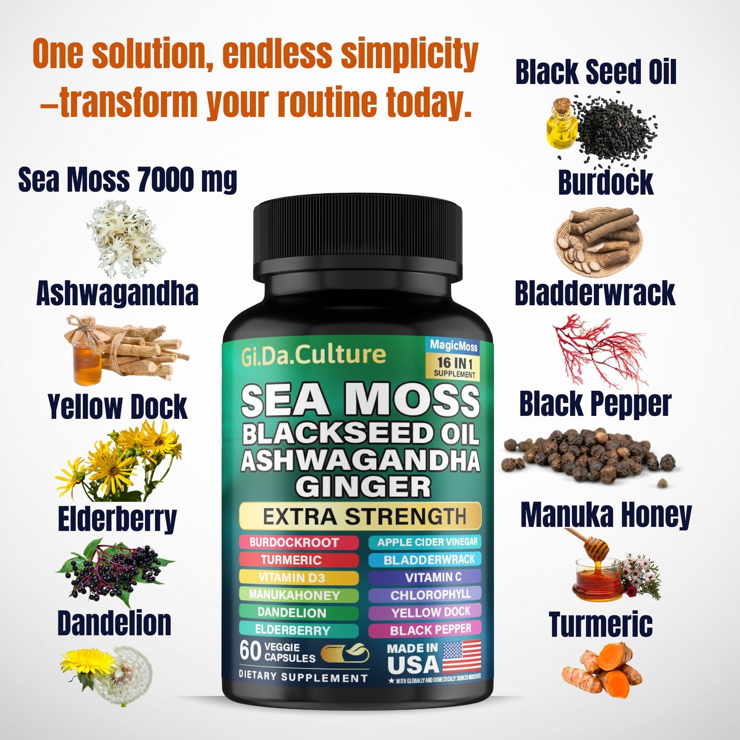 Gi.Da.Culture Organic Sea Moss Capsules - Organic Irish Sea Moss Black Seed Oil Ashwagandha Ginger Burdock Root Bladderwrack Turmeric Black Pepper Vitamin C, D3, 60 Veggie Capsules