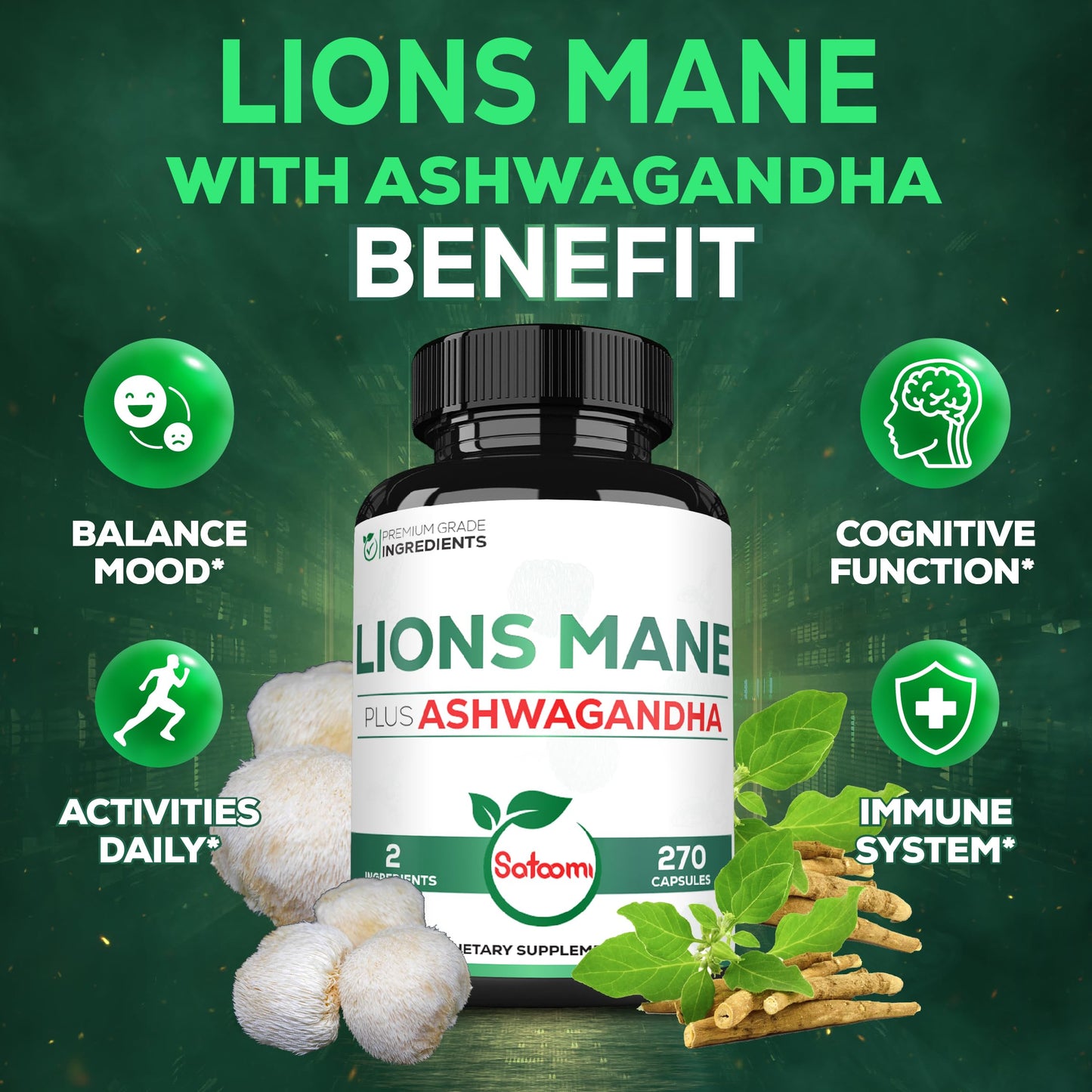 Satoomi Lions Mane Supplement Capsules with Ashwagandha, 90 Capsules