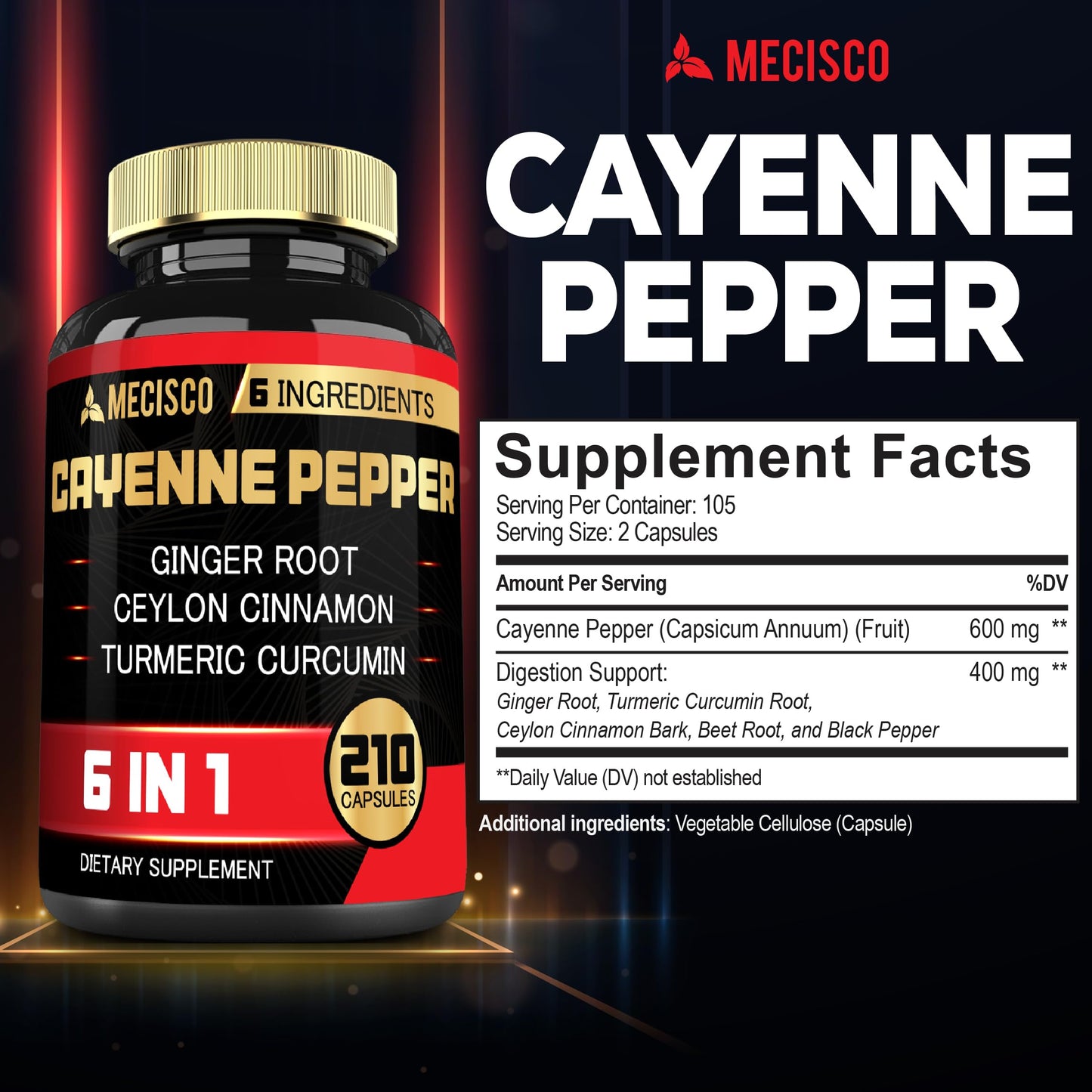 Mecisco 6in1 Cayenne Pepper Extract Capsules with Organic Turmeric Curcumin Root, Black Pepper, and More, 210 Capsules