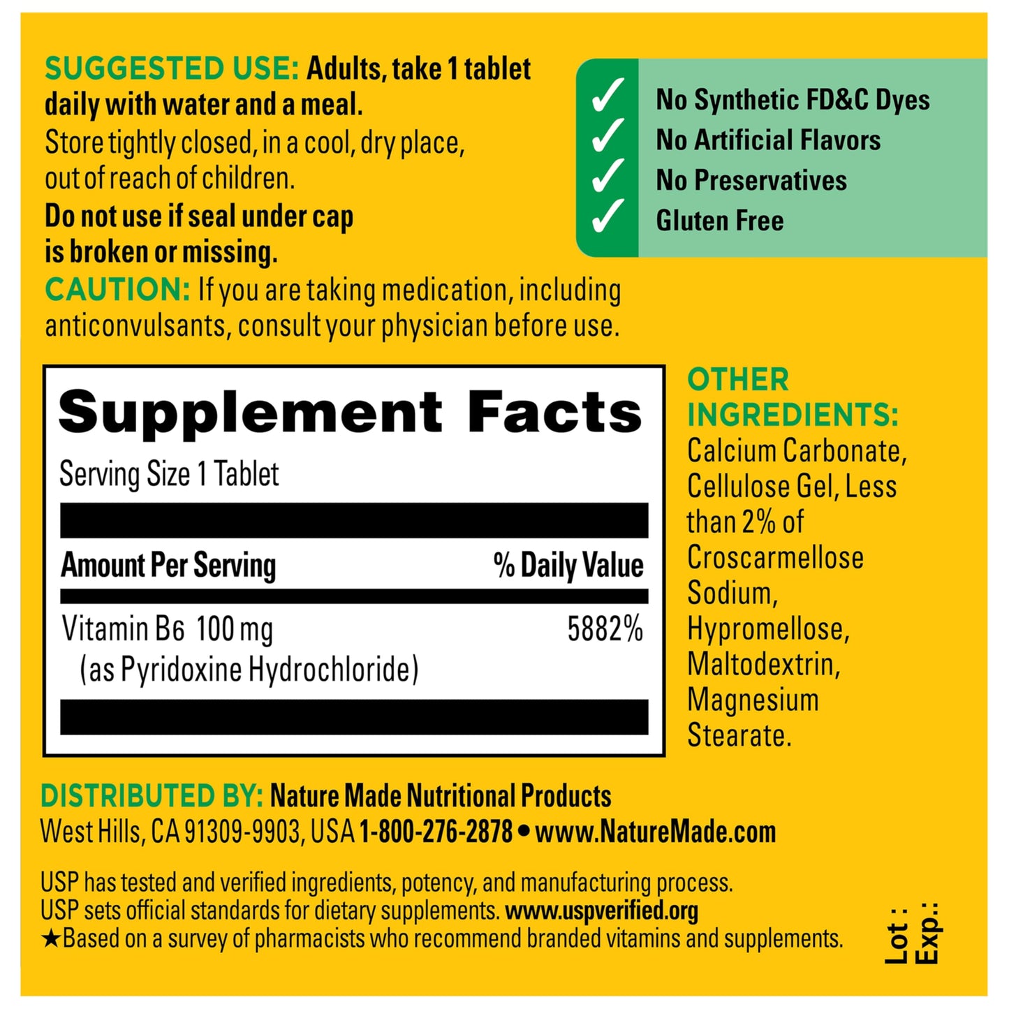 Nature Made Vitamin B6 100 mg Tablet, 100 Tablets
