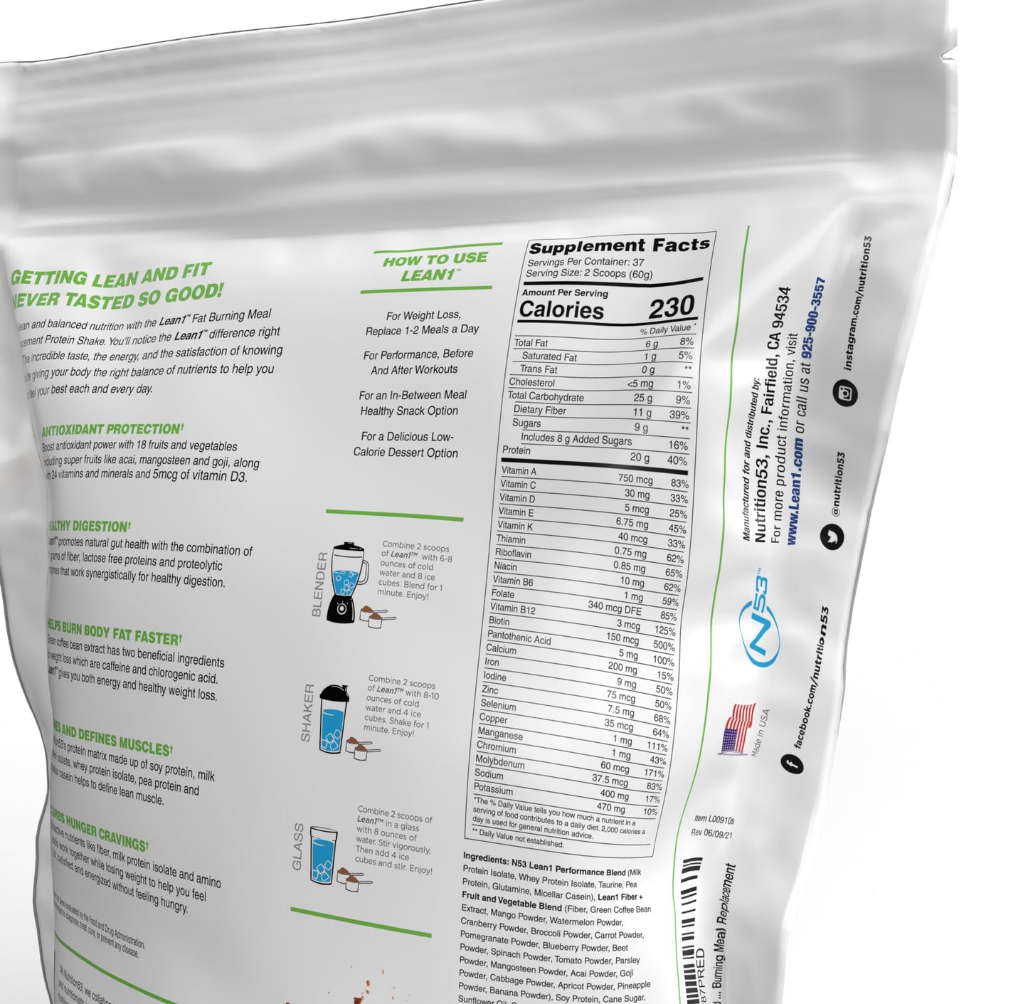 LEAN1 Chocolate Meal Replacement Protein Shake Powder 80 Ounces