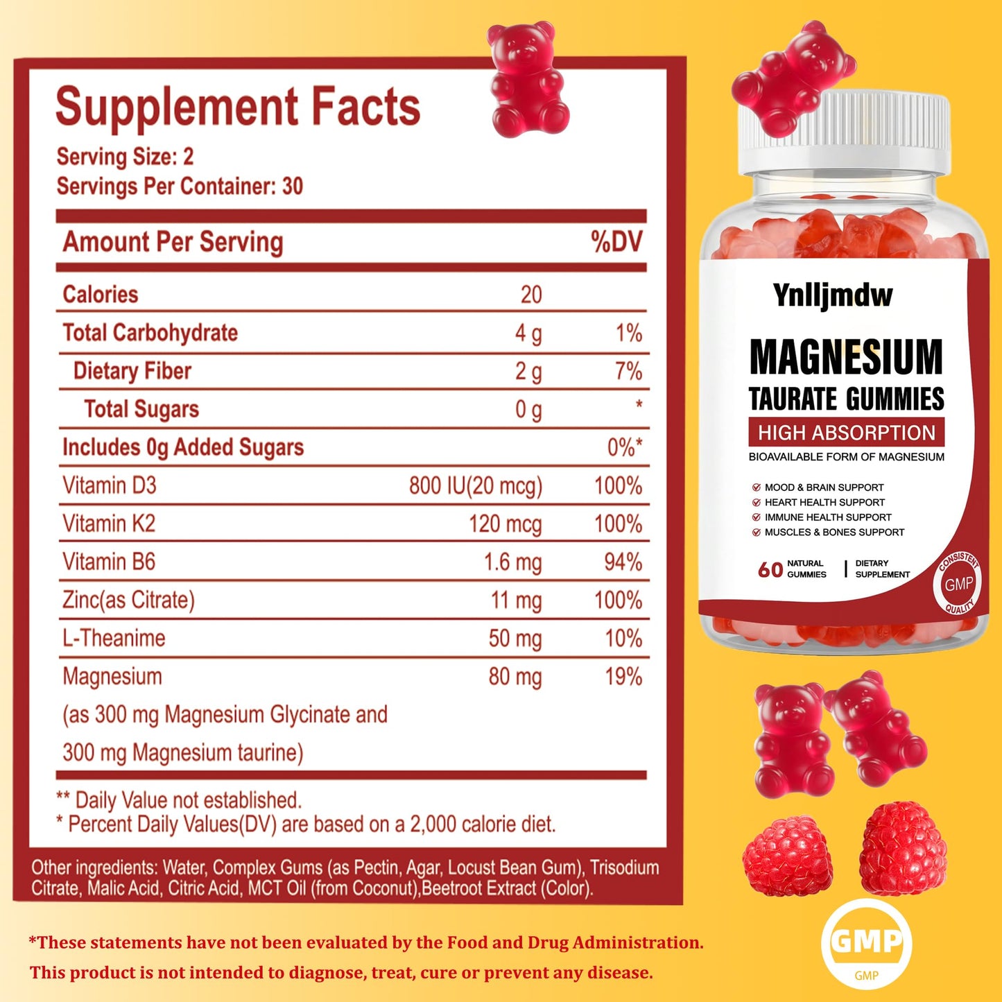 Ynlljmdw Magnesium Taurate Gummies, 60 Count