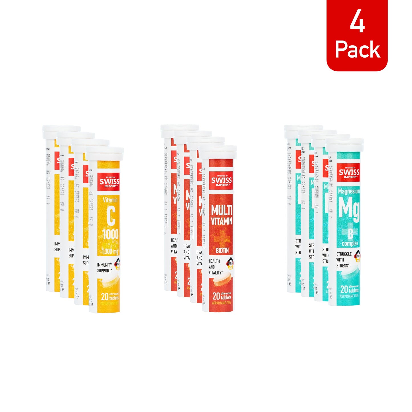 Swiss Imports Effervescent Variety Pack with Vitamin C 1000mg, Magnesium + B Complex, Multivitamin + Biotin, 240 Tablets
