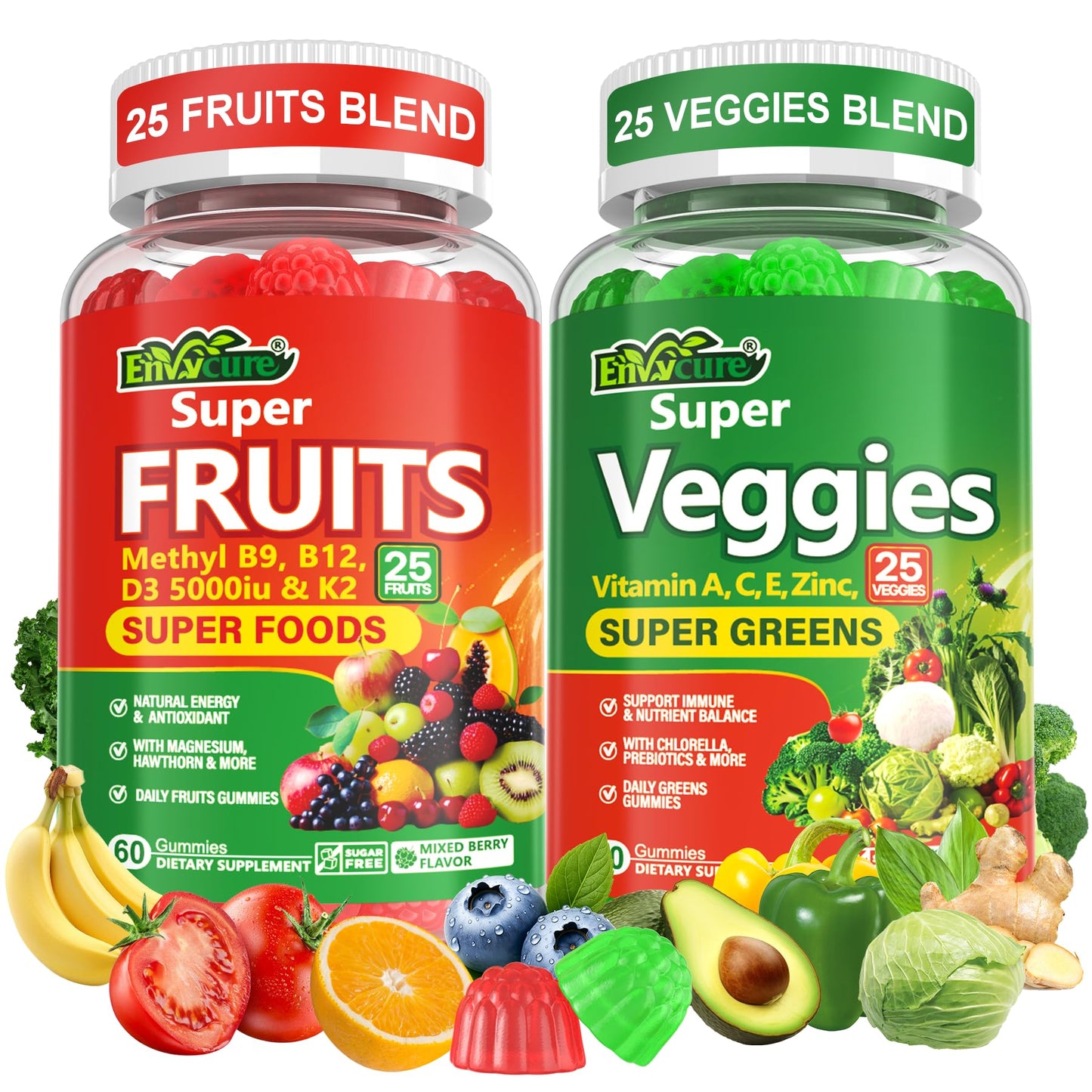 EnvyCure Super Greens Gummies with 50+ Veggies & Fruits, Methylfolate & Methyl B12, 120 Gummies