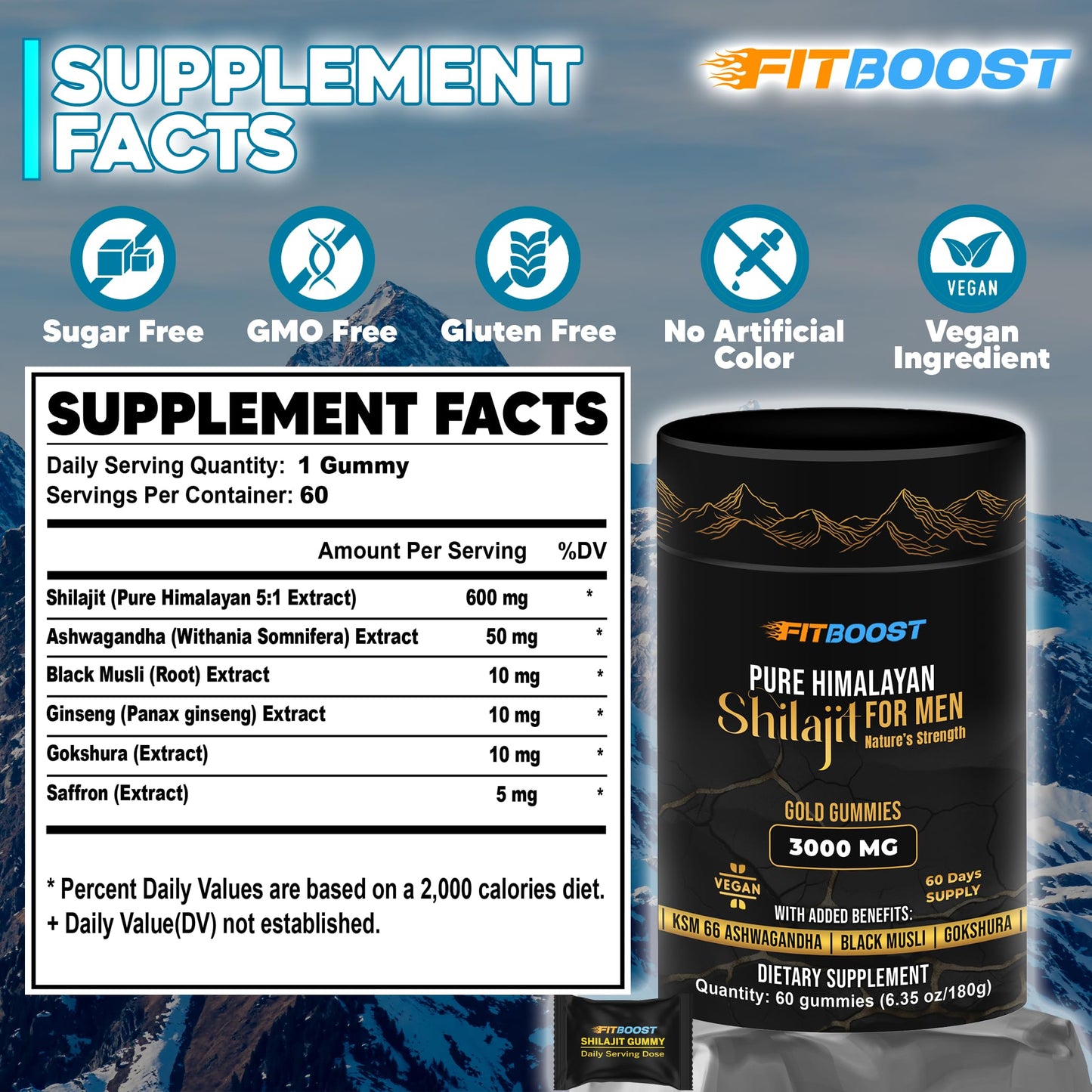 FITBOOST Sundried Himalayan Natural Shilajit Gummies, 60 Count